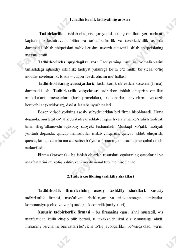 cha majburiyatlari bo‘yicha to‘liq javobgarlikni bo‘yniga oladi (ya’ni, mas’uliyati cheklanmagan jamiyat hisoblanadi), qolgan daromadni o‘zi o‘zlashtiradi. mas’uliyati cheklanmagan jamiyat - firmani birgalikda tashkil qilib, birgalikda egalik qiluvchi va boshqaruvchi shaxslar guruhi bo‘lib, ular firmaning barcha majburiyatlari bo‘yicha to‘liq javobgarlikni cheklanmagan ravishda o‘zlarining zimmalariga oladilar. mas’uliyati cheklangan jamiyatda firma egalari firmaning majburiyatlari bo‘yicha javobgarlikni nizom fondiga qo‘shgan ulushi doirasida zimmasiga oladi, xolos. korporatsiya - paychilikka asoslangan jamiyat bo‘lib, har bir mulk egasining mas’uliyati ushbu korxonaga qo‘shgan hissasi bilan cheklangan. korxona aksiyalarini sotib olgan shaxslar korxona mulki egalariga aylanadilar. korporatsiya faoliyatini aksionerlar majlisi nazorat qiladi. aksiyadorlar o‘z aksiyalariga daromad (dividend) oladilar. korporatsiya kreditorlari o‘z talablarini aksiyadorlarga emas, korporatsiyaga qo‘yadilar. aksionerlik jamiyati ochiq turda bo‘lsa, korxona aksiyalari ochiq bozorda, ya’ni fond birjalarida erkin sotiladi. aksiyadorlarga korporatsiya yoqmasa, ular o‘z aksiyalarini ochiq bozorda sotib korxona bilan aloqasini umuman uzishi mumkin. foyda olmaydigan tashkilotlar. bozor sharoitida bunday turdagi tashkilotlarga foyda olish maqsadida harakat qilmaydigan kasaba …