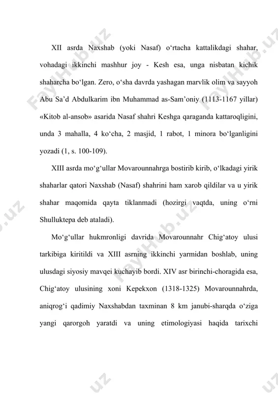 uchun kurashib qozon sultonxonni o‘ldiradi va taxtni egallaydi; uning davrida (1346-1357) poytaxt soli-saroyda edi. «amir qazag‘an qish chog‘i soli-saroyda yashardi, bahorda qoranavar gulzoriga qo‘nardi, yozda va kuzda esa munkda yashamoq bayrog‘ini tikardi»,-de6 yozadi. sharofiddin ali yazdiy (2, 94a varaq). amir qazag‘an zamonida poytaxt soli-saroyga ko‘chirilib, bu ikkala shaharning siyosiy mavqei va istehkom qobiliyati ancha pasaydi; boz ustiga, ana shu davrda movarounnahrda hukm surgan feodal tarqoqlik ham, xo‘jalik rivojiga, ayniqsa shaharlar ravnaqiga salbiy ta’sir ko‘rsatdi. amir qazag‘anni 1357 yili ov chog‘ida kuyovi qutlug‘ temur halok etadi va uning o‘rniga taxtga o‘tirgan o‘g‘li amirzoda abdulloh samarqand shahrini o‘ziga poytaxt qiladi, chunki u otasi hayotligida shu shaharning hokimi bo‘lgan va bu joy unga yoqib qolgan edi (2, 94 b varaq). bu davrda qarshi viloyat mavqeidagi shahar sanalgan va unda amir temurning amakisi hoji barlos hokim edi. tug‘luq temurxon 1360 yili movarounnahrni egallaganda, hoji barlos xurosonga qochadi. amir temur uni kuzatib jayhun (amudaryo) bo‘yigacha …
