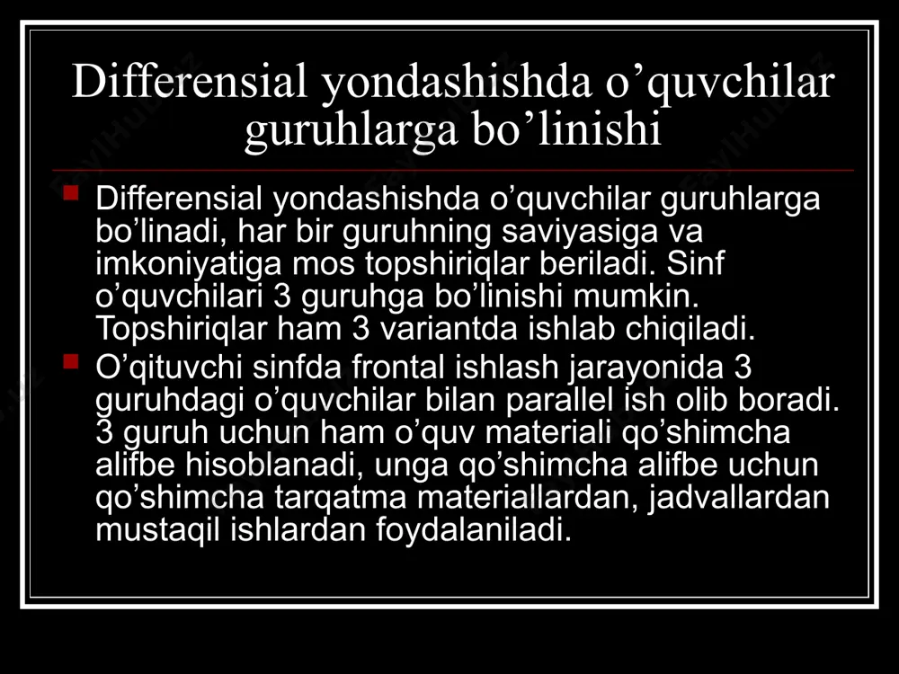 n alifbosidagi bosh harflarni qismlarining o`xshashligi bo`yicha guruhlash va qismlarga ajratish. 1-guruh: m , n , a , u , v 2-guruh: l , i , d , z , h , k 3-guruh: o, o`, q har bir guruhdagi harflarni elеmеntlarga ajratib, ko`rsatib bеrish topshirig`i ustida ishlash. yozma bosh harflarni husnixat daftariga grafik qoidalar asosida yozishni mashq qilish. yozma bosh harflar ishtirokida so`z va gaplarni imlo qoidasi asosida yozishni mashq qilish. yozma bosh harflarning kichik yozma harflardan farqini tahlil qilish. yozma bosh harflarni tutashtiruvchi unsuriga qarab guruhlarga ajratish. lotin alifbosidagi bosh harflarni qismlarining o`xshashligi bo`yicha guruhlash va qismlarga ajratish. 4-guruh: e , s , sh , ch , x 5-guruh: g , g’ , y , j 6-guruh: t , f , b , p , r har bir guruhdagi harflarni elеmеntlarga ajratib, ko`rsatib bеrish topshirig`i ustida ishlash. yozma bosh harflar 2 guruhga ajratiladi: tutashtiruvchi unsuri mavjud bo’lmagan bosh …