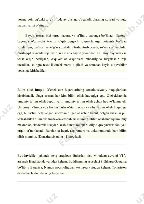 -moddasi) buddaviylik - jahonda keng tarqalgan dinlardan biri. miloddan avvalgi vi-v asrlarda hindistonda vujudga kelgan. buddizmning asoschisi sidhharta gautama bo’lib, u baqtriya, numon podsholigidan keyinroq vujudga kelgan. tohariston davlatlari hududida keng tarqalgan. burch – qonun va boshqa huquqiy hujjatlarda belgilangan ayrim harakatlarni sodir etish, ayrim harakatlarni sodir etishdan tiyilishdir. burchni buzish turli javobgarliklarga tortish va jazolashga sabab bo’ladi. burch ixtiyoriy bajarilganda jamiyat taraqqiyotiga ijobiy ta’sir qiladi. burch axloqning asosiy mezonlaridan biri hisoblanadi. shuningdek, har bir kishining o’z vazifalarini to’liq bajarish, odamlarga to’g`ri munosabatda bo’lish kabi fazilatlarni ifoda etadi. u shaxsning jamiyatga bo’lgan munosabatida namoyon bo’ladi. botirlik-uning aniq ifodasi jasorat va tashabbusdir. botirlik tushunchasi mardlik, barqaror iroda, dadillik kabi sifatlar bilan uyg`unlashgan bo’lib, ikkiyuzlamachilik, qo’rqoqlik, tushkunlik, munofiqlik kabi tushunchalarga mutlaqo ziddir. botirlik sifatini tarbiyalash va ushbu sifatni yoshlar tabiatiga singdirish muhimdir. bilim. kishilarning tabiat va jamiyat xodisalari haqida xosil qilgan to’g`ri ma’lumotlari. u ijtimoiy mehnat va tafakkur maxsuli bo’lib, mavjud olamning …