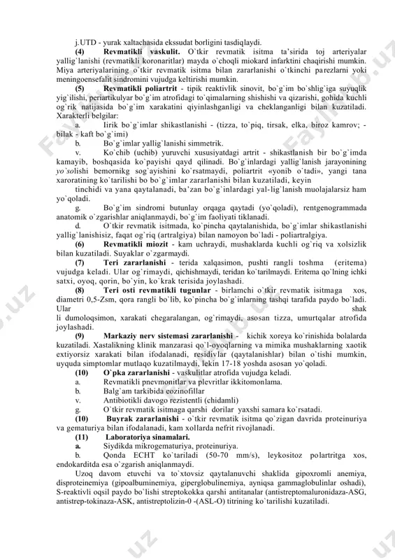 un infeksiyasi bilan kasallanishdan (angina, surunkali tonzillit, gaymorit) 1,5-4 xafta o`tgach boshlanadi. qayta xuruj kilishda (residivda) bu muddat kiska (1-2 kun) bo`ladi. xastalik isitmalash (xarorat ko`tarilishi aksariyat 37,5—38,5°s, kam xollarda 39-40°s), titroqsiz terlash bi-lan kuzatiladi. o`tkir revmatik isitmada eng ko`p zararlanadigan a’zo yurak xisoblanadi. revmatikli jarayon yurakning hamma qava-tini shikastlaydi, lekin asosan endomiokardit (revmokardit) tipida rivojlanadi. revmokardit birlamchi (birinchi xuruj) va qaytalanuvchi (takrorlanuvchi xurujlar), shakllangan qopqoq nuqsonlari yoki ularsiz bo`ladi. (1) revmatikli miokardit ning klinik belgilari. a. xansirash - engil, ko`pincha xarakatda seziladi. b. kardialgiya - yurak sohasida davomli kuchsiz sanchili, yoki simillovchi og`riqlar bezovta qiladi. og`riq hech qaerga tarqalmaydi. v. taxikardiya - yurak o`ynashi, xarakatda tezlashadi. g. kardiomegaliya - perkussiyada yurak chegarasining o`zgarishi aniqlanmaydi. rentgenografiyada ko`p xollarda yurak chegaralarining chapga, kam xollarda diffuzli kengayishi kuzatiladi. d. auskultasiyada yurak tovushlari, ayniqsa yurak uchida i ton susaygan (bo`g`iqlashgan), goxida iii, yana kam holda iv tovush eshitilishi aniqlanadi. yurak cho`qqisida va mitral …