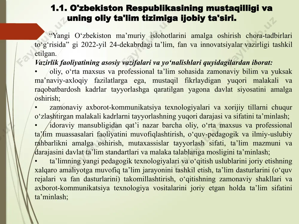 erishib, iqtisodiy va ijtimoiy rivojlanishning o'ziga xos yo'lini tanlashi kadrlar tayѐrlash tushunchasi va mazmunini qayta tashkil etishni zarur qilib qo'ydi va qator chora-tadbirlar ko'rishni: "ta'lim to'g'risida" gi qonunni joriy etishni (1997 yil); yangi o'quv rejalari, dasturlari, darsliklarni joriy etishni, o'quv yurtlarini attestasiyadan o'tkazishni va akkreditasiyalashni, yangi tipdagi ta'lim muassasalarini tashkil etishni taqozo etadi. maktabgacha ta'lim sohasida uylarda tashkil etiladigan bolalar bog'chalari hamda bolalar bog'chasi-maktab majmui tarmog'i rivojlanib bormoqda. bolalarga chet tillarni, goreografiya, tasviriy va musiqa san'ati, kompyuter savodxonligi asoslarini o'rgatuvchi 800 dan ortiq guruh tashkil etilgan. 1.1. o'zbekiston respublikasining mustaqilligi va uning oliy ta'lim tizimiga ijobiy ta'siri. o'zbekiston respublikasi davlat mustaqilligiga erishib, iqtisodiy va ijtimoiy rivojlanishning o'ziga xos yo'lini tanlashi kadrlar tayѐrlash tushunchasi va mazmunini qayta tashkil etishni zarur qilib qo'ydi va qator chora-tadbirlar ko'rishni: "ta'lim to'g'risida" gi qonunni joriy etishni (1997 yil); yangi o'quv rejalari, dasturlari, darsliklarni joriy etishni, o'quv yurtlarini attestasiyadan o'tkazishni va akkreditasiyalashni, yangi tipdagi ta'lim muassasalarini …