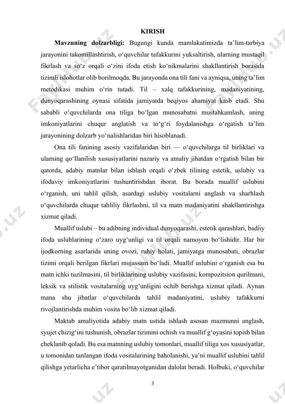 ‘rtasidagi bog‘liqlikni anglatish mumkin. metodik nuqtai nazardan qaralganda, muallif uslubini o‘rgatish uchun o‘quvchilarni turli tahlil usullariga jalb etish, matndagi uslubiy vositalarni topish, ularning qanday maqsadda qo‘llanilganini aniqlash, boshqa mualliflar bilan solishtirish kabi interfaol usullardan foydalanish talab etiladi. bunda savol-javob, guruhli ishlar, tahliliy fikrlar yozish, uslubiy mashqlar bajarish, muallif matnini qayta yozish yoki sharhlash kabi mashg‘ulotlar muhim rol o‘ynaydi. ona tili ta’limini yangi bosqichga olib chiqishga xizmat qiluvchi kuchli vositadir. bu metodika o‘quvchini faqat grammatik, leksik bilimlar bilan emas, balki matn tahlili orqali tilning go‘zalligini, ifoda imkoniyatlarini, uslubiy boyliklarini chuqur anglashga undaydi. shu sababli, ushbu kurs ishida muallif uslubini o‘rgatishning metodik yondashuvlari, dars jarayonida qo‘llaniladigan samarali uslublar, mashqlar va didaktik materiallar asosida yoritish zaruriyati tug‘iladi. kurs ishining maqsadi: muallif uslubining o‘ziga xosliklarini aniqlash hamda uni ona tili darslari orqali o‘quvchilarga samarali tarzda o‘rgatish metodikasini ishlab chiqish, amaliy jihatdan qo‘llaniladigan metodik yondashuvlar asosida o‘quvchilarda tahliliy fikrlash va stilistik savodxonlikni shakllantirish. kurs ishining …