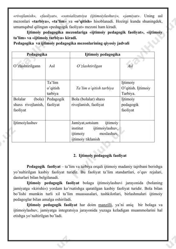 chikish bilan bogliq. bilgan bolalarning individual xususiyatlarini etiborga olish; · bola shaxsidagi ijobiy, kuchli tomonlari tayanish; · bola tashabbuskorligini va mustaqilligini rivojlantrish. b) madaniyat bilan uygun bulish printsipi. bu printsip tarbiyaning tabiyat bilan uygun bulishi printsipining davomidir. uning zaruriyati inson tabiyati bilan shartlangan. inson bialogik mavxudod sifatida tugiladi, shaxs bilib esa bir avloddan ikkinchi avlodga shaxs tarbiyasi va rivojlanishi jarayonida itadigan iz ini tutish ijtimoiy tajribani iz lashtirib etishadi. antik jamiyatdagi falsafachilar va pedagoklar shaxs shaqilanishi va madaniyat irtasidagi chukur bogliqlikni tashlil kdlganlar. shu narsaga shark uygonish davri mutafakirlari va intsiklapedchilari bilgan farobiy, beruniy, ibn sino, navoiy sham iz asarlarida sham tayanganlar. bunda ikkita mushim tezis belgilandi: shaxs madaniyati orkali shaqillanadi, shar qanday madaniyat asosan boyligi esa insondir. utmishi falsafachi va pedagoklarn shisoblardiki, madaniyat yukrri axloqiy insonni shaqillantirishning zaruriy va eng mushim omilidir. oxirgi yillarda pedagogikada farqlanish jarayoni kuchaydi. ko’pgina yangi ilmiy sohalar yuzaga keldi, bular soniga ijtimoiy pedagogika ham …