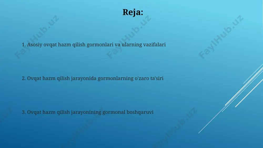 monal buzilishlari stress gormoni kortizolning ortiqcha miqdori 20% gacha ovqat hazm qilish tizimining motor faolligini susaytirib, oshqozon yarasi va reflyuks kabi muammolarni keltirib chiqarishi mumkin. surunkali stress sharoitida gastrin va sekretin kabi oshqozon-ichak trakti gormonlarining sekretsiyasi 15-25% ga kamayib, ovqat hazm qilish jarayonini sekinlashtiradi va ovqat hazm bo'lmasligiga olib keladi. oshqozon-ichak traktining gormonal regulyatsiyasi oshqozon-ichak traktida gastrin gormoni ovqat hazm qilish jarayonini 30% gacha tezlashtiradi, oshqozon kislotasi sekretsiyasini rag'batlantiradi va pepsinogen ajralishini oshiradi. gip (gastrik inhibitsion peptid) gormoni oshqozon-ichak traktining hazm qilish faolligini 15-20% ga susaytirib, oshqozon bo'shash tezligini sekinlashtiradi. glp-1 va ovqat hazm qilishning gomeostazi glp-1, ovqat hazm qilish tizimining asosiy gormonlaridan biri boʻlib, ovqatdan keyin 1-2 soat ichida qonda 100 pg/ml gacha koʻtariladi va oshqozon boʻshashishini sekinlashtiradi. glp-1 ning sekretsiyasi ovqat hazm qilish traktida, ayniqsa, ichak hujayralarida, glyukoza va yogʻ kislotalari miqdoriga bogʻliq ravishda sodir boʻladi. e'tiboringiz uchun rahmat @taqdimot_robot image1.jpg image2.jpg image3.jpg image4.jpg image5.jpg image6.jpg image7.jpg