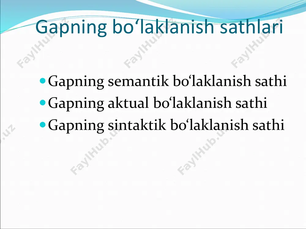 li konstruksiya shaklida keladi vositasiz to‘ldiruvchi tushum kelishigi shaklida keladi odatda ega bosh kelishik shaklida keladi ega doim kesimga tobedir holto‘ldiruvchi aniqlovchi barcha gap bo‘laklariga va boshqa aniqlovchiga tobedir kesim gap bo‘laklarini belgilashda so‘zlarga savol berish muhim o‘rin tutadi: bahor keldi. keldi – nima qildi? – kesim bahor – nima? – ega gap bo‘laklari tuzilishiga ko‘ra turli shakllarda bo‘ladi: bir mustaqil so‘zdan iborat bo‘ladi. samolyot pastlab uchdi ikki mustaqil so‘zning birikishidan tashkil topgan erkin holdagi lekin ajralmaydigan birikmadan iborat bo‘ladi. a – til oldi unli ba’zan predikativ modeldagi birikmalar ham bir gap bo‘lagi vazifasida keladi: suv keltirgan xor- u, ko‘za sindirgan aziz. ma’lumki, gap bo‘laklari ba’zan frazeologik birikma bilan ifodalanadi. uning tepa sochi tikka bo‘ldi. t/r gap bo‘laklari nomi gap bo‘laklarining ta’rifi 1 kesim kesimlik(shaxs-son, zamon, tasdiq-inkor, modal) ma’nosini ifoda etgan gapning markaziy bo‘lagi 2 ega kesim ifodalagan harakat-holatning egasi, kesimdan keyingi bo‘lak 3 hol gapning kesimidan anglashilgan harakatning belgisini …