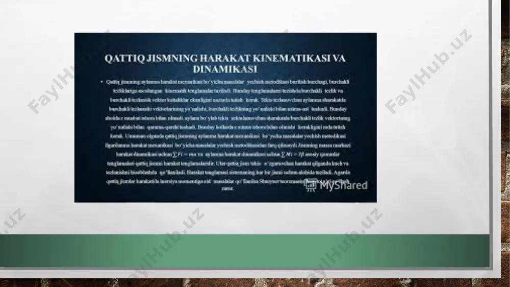 soni ham oltita bo’lishi kerak. ilgarilanma harakat jismning impulsi bilan bog’-liq. ilgarilanma harakat tenglamasi quyidagicha keltirib chiqariladi. moddiy nuqtaning ha-rakat tenglamasini eslaylik: 𝒅𝑷𝒂 𝒅𝒕 = 𝒇𝒂 e’tiboringiz uchun rahmat !!! image3.jpg image4.jfif image5.jfif image6.png image7.jfif /docprops/thumbnail.jpeg