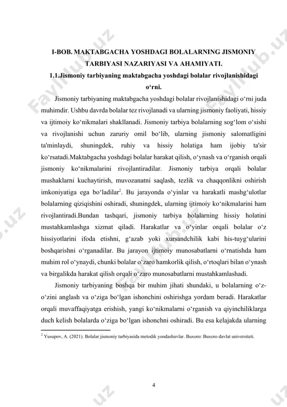 bu esa kelajakda ularning o‘qish va hayotdagi muvaffaqiyatlariga ijobiy ta'sir ko‘rsatadi.shuningdek, jismoniy tarbiya bolalarning sog‘lom turmush tarzini shakllantirishda ham muhim rol o‘ynaydi. maktabgacha yoshda jismoniy faoliyatga jalb qilish, bolalarni faol hayot tarziga o‘rgatish, ularning sog‘lom odatlarini rivojlantirish muhimdir. bu jarayon bolalarning kelajakda sport bilan shug‘ullanishlariga, sog‘lom ovqatlanish va jismoniy faollikni davom ettirishlariga yordam beradi.kichik yoshdagi bolalar o‘zlarini atrof-muhit bilan o‘rganish jarayonida, jismoniy tarbiyaning bir qismi sifatida, o‘zlariga xos o‘yinlar va faoliyatlarni tanlaydilar. ushbu o‘yinlar yordamida bolalar yangi ko‘nikmalarni o‘rganadilar, o‘zlariga bo‘lgan ishonchni oshiradilar va o‘z hissiyotlarini ifoda etishni o‘rganadilar. masalan, to‘p o‘ynash orqali bolalar muvozanatni saqlash, tezlik va chaqqonlikni rivojlantirish imkoniyatiga ega bo‘ladilar.jismoniy tarbiya bolalarda jamoaviy ruhni rivojlantirishga ham yordam beradi. o‘yinlar va jamoaviy faoliyatlar bolalar o‘rtasida hamkorlik, yordam va o‘zaro tushunishni kuchaytiradi. bu jarayon ijtimoiy ko‘nikmalarni rivojlantirishda muhim ahamiyatga ega. bolalar bir-birlari bilan muloqot qilish, o‘yinlar orqali yangi do‘stliklar o‘rnatish va birgalikda muammolarni hal qilishni o‘rganadilar. shuningdek, jismoniy tarbiya …