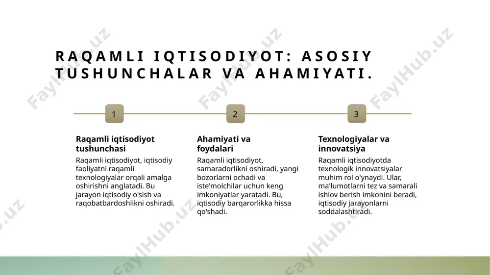 orlikni oshiradi. 2 yangi imkoniyatlar innovatsiyalar yangi biznes modellari va xizmatlarni yaratishga imkon beradi. bu, shuningdek, iste'molchining talablariga javob berishda muhim ahamiyatga ega. 3 raqobatbardoshlik texnologik innovatsiyalar, kompaniyalar o'rtasida raqobatni kuchaytiradi. bu, natijada, iste'molchilar uchun yaxshiroq xizmatlar va mahsulotlarni taklif etadi. o'sish va rivojlanish uchun zamonaviy texnologiyalar. 1 sun'iy intellekt sun'iy intellekt (ai) zamonaviy texnologiyalar orasida eng muhim hisoblanadi. u biznes jarayonlarini avtomatlashtirish va ma'lumotlardan samarali foydalanishni ta'minlaydi. 2 bulutli texnologiyalar bulutli texnologiyalar tashkilotlarga ma'lumotlarni saqlash va ularga kirishni osonlashtiradi. bu, xarajatlarni kamaytirish va tezkor yangilanishlarni ta'minlaydi. 3 iot (nodlar tarmog'i) iot texnologiyalari qurilmalar orasida o'zaro aloqani ta'minlaydi. ular ishlab chiqarish va xizmat ko'rsatish sohalarida samaradorlikni oshiradi, raqamli transformatsiyani tezlashtiradi. texnologik innovatsiyalar va raqobatbardoshlik. texnologik innovatsiyalar texnologik innovatsiyalar raqamli iqtisodiyotda muhim rol o'ynaydi, chunki ular yangi xizmatlar va mahsulotlar ishlab chiqarishga yordam beradi, iqtisodiy o'sishni rag'batlantiradi. raqobatbardoshlik omillari innovatsiyalar raqobatbardoshlikni oshiradi, chunki kompaniyalar yangiliklarni joriy etish orqali bozorda o'z o'rnini …
