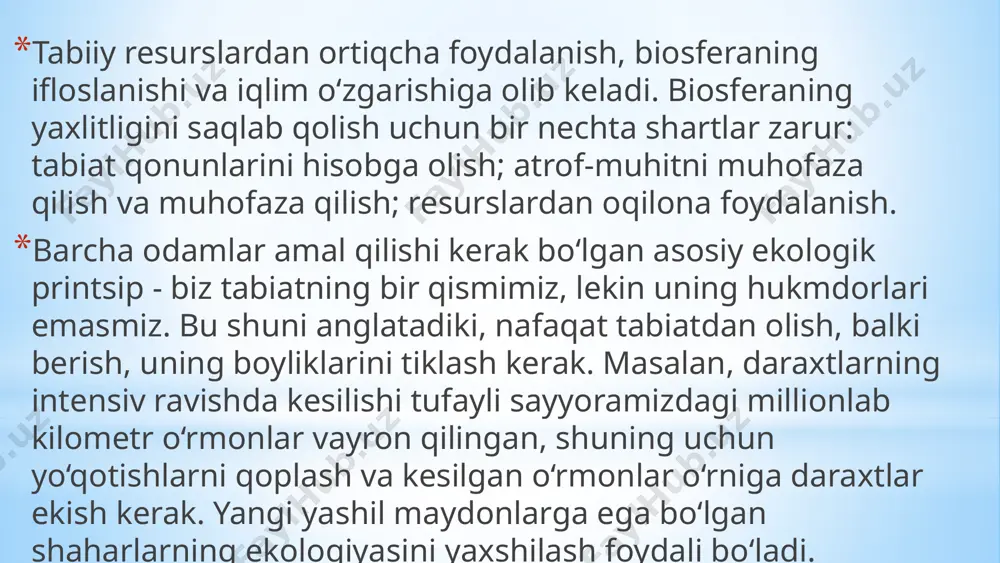 a avtoulovlardan voz kechish; suv, elektr energiyasi, gazni tejash; bir martalik ishlatiladigan maishiy texnika va mollardan bosh tortish; jamiyat va tabiatga foyda keltirish (o‘simliklarni o‘stirish, ekologik texnologiyalardan foydalanish). "tabiiy resurslardan oqilona foydalanish" tavsiyalar ro‘yxati shu bilan tugamaydi. har bir inson tabiiy ne'matlarni qanday tasarruf etishini o‘zi hal qilish huquqiga ega, ammo zamonaviy jamiyat hayotimiz uchun zarur bo‘lgan tabiiy boyliklarni o‘z avlodlarimizga qoldirishimiz uchun tejamkorlik va ratsionallikni talab qiladi. xulosa va tavsiyalar 1 barqaror rivojlanish tabiiy resurslardan oqilona foydalanish va ekologik muvozanatni saqlash taraqqiyotning asosiy tamoyilidir. 2 ekotizimlarni himoya qilish tabiatni asrash, qayta tiklash va qulaylashtirish jamiyat oldidagi eng muhim vazifadir. 3 individual javobgarlik har bir fuqaro, korxona va davlat organining tabiiy resurslarni asrash bo'yicha majburiyatlari bor. 14 etiboringiz uchun rahmat image1.png image2.png image3.png image4.png image5.png image6.png image7.png image8.png image9.png image10.png image11.png image12.png image13.png image14.png