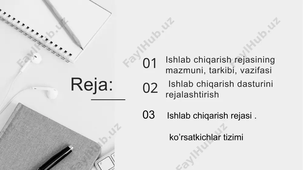 va miqdorini ifodalovchi reja ko’rsatkichlari tizimidir. ishlab chiqarish dasturida quyidagi ko’rsatkichlar rejalashtiriladi: 1.mahsulot guruhlari bo’yicha qiymat ifodasidagi mahsulot ishlab chiqarish hajmi. 2.mahsulot nomenklaturasi va assortimenti, ya’ni iste’molchilar bilan tuzilgan shartnomalarga asosan mahsulot sortlari, modellari bo’yicha turlari rejalashtiriladi. 3.mahsulot ishlab chiqarish muddatlari. 4.tashqi tashkilotlarga koperatsiya aloqalari asosida etkazib beriladigan yarim fabrikatlar (assortimenti va sifatini e’tiborga olgan holda) hajmi. ushbu talablar asosiy sexlar bilan bir qatorda yordamchi va xizmat ko’rsatuvchi sex va xizmatlarga ham tegishli. 5.mahsulot sifat ko’rsatkichlarini rejalashtirish. 3. ishlab chiqarish rejasi ko’rsatkichlar tizimi ishlab chiqarish dasturini rejalashtirishda quyidagi o’lchovlardan foydalaniladi: natural, shartli natural, qiymat va mehnat. natural o’lchovlar bir turdagi mahsulotlar hajmi va o’zgarishini baholash imkonini beradi. tovar, yalpi, sotilgan mahsulot zavod usulida aniqlanadi ya’ni rejalashtirilgan tayyor mahsulot va yarim tayyor mahsulotlar hajmidan korxona ichida iste’mol qilinadigan mahsulotlar qiymati ayirib tashlanadi. tovar, yalpi, sotilgan mahsulot tarkibini yaxshiroq tushunish uchun tayyor mahsulot, yarim fabrikat, tugallanmagan ishlab chiqarish kategoriyalarining iqtisodiy mohiyatini aniqlash …