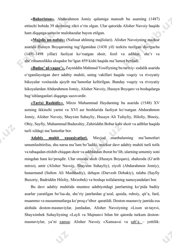 nrlarning ko‘pida badiiy asarlar yaratilgan bo‘lsa-da, she’riy janrlardan g‘azal, qasida, ruboiy, qit’a, fard, muammo va musammatlarga ko‘proq e’tibor qaratildi. doston-masnaviy janrida esa alohida doston-masnaviylar, jumladan, alisher navoiyning «lison ut-tayr»i, shayximbek suhayliyning «layli va majnun»i bilan bir qatorda turkum doston-masnaviylar, ya’ni xamsa: alisher navoiy «xamsa»si va sab’a – yettilik: abdurahmon jomiyning «haft avrang»i ham yaratildi. nasriy asarlar yozish ham keng rivojlanib, tarixiy (mirxond va xondamirning «ravzat-us-safo»si, alisher navoiyning «tarixi muluki ajam», «tarixi anbiyo va hukamo»), falsafiy (abdurahmon jomiyning «nafahot ul-uns», alisher navoiyning «nasoyim ul-muhabbat»), pand-nasihat va ijtimoiy (navoiyning «mahbub ul-qulub»i, koshifiyning «futuvvatnoma», «axloqi muhsiniy», abdurahmon jomiyning «bahoriston»), ilmiy (navoiyning «majolis un-nafois», «muhokamat ul-lug‘atayn», «mezon ul- avzon», abdurahmon jomiyning aruz va qofiya haqidagi risolalari, atoulloh mashhadiyning «badoe’ us-sanoe’», sayfiy buxoriyning aruzga doir risolasi), badiiy (husayn voiz koshifiyning «anvori suhayliy» - «kalila va dimna» ning yangi tahriri) yo‘nalishdagi asarlar maydonga keldi. davr adabiy jarayonida kuzatiladigan xususiyatlardan yana biri unda romantik tasvir uslubining etakchiligi …