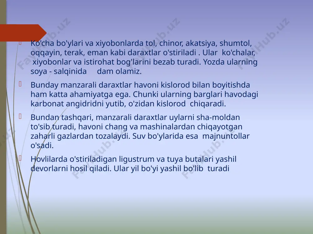 radi . maktab gulzorida turli xil gullar bo'ladi. gulzorda chinnigul, qo'qongul, rayhon, shoyigul va atirgul o'stiriladi. biz gulzordagi gullarni parvarish qilamiz. gullardan atirgul ko'p yillik bo'lib, kuz oxirida uning novdalari kesiladi. bahor kelib, kunlar iliy boshlashi bilan atirgul barg chiqara boshlaydi. ular o'sib, yangi novda, poyalarga aylanadi. poyalardan yana novdalar ko'karib, barglar bilan birga g'unchalar o'sib chiqadi. atirgul may oylarida ochila boshlaydi. uning guli chiroyli, hidi esa juda xushbo'y bo'ladi. yangi mavzu savol-javoblar orqali mustahkamlanadi. vi.uyga berilgan vazifa: uyga topshiriq. dorivor o’simliklar image1.jpeg image2.jpeg image3.jpeg image4.jpeg image5.jpeg image6.jpeg /docprops/thumbnail.jpeg