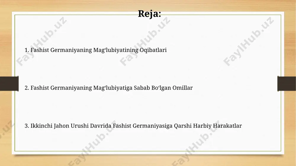 ittifoqi sharqdan, ittifoqchilar g‘arbdan hujum qilib, 1945-yil may oyida berlindagi fashist germaniya armiyasining taslim bo‘lishi bilan urush yakunlandi, bu esa 50 milliondan ortiq odamning halok bo‘lishiga olib keldi. ittifoqchilarning qo‘shma harakatlari natijasida 1944-yil normandiya qo‘nish operatsiyasi muvaffaqiyatli amalga oshirildi, bu esa g‘arbiy yevropada fashistlar germaniyasining mag‘lubiyatiga olib keldi. gʻarbiy frontdagi janglar g'arbiy frontdagi janglarda ardennes hujumida (bulj janglari) 1944-yil dekabr oyida germaniya armiyasi kutilmagan hujum uyushtirdi, ammo ittifoqdoshlar bu hujumni qaytarishga muvaffaq bo'lishdi, bu esa germaniyaning resurslarini sezilarli darajada kamaytirdi. g'arbiy frontda 1944-yilning yozida normandiyada bo'lib o'tgan qo'nish operatsiyasi, "overlord" operatsiyasi, 156 000 ga yaqin ittifoqdosh askarining qirg'oqqa chiqishi bilan boshlandi va bu fashist germaniyasining mag'lubiyatiga qarata muhim qadam bo'ldi. nurnberg sudlari nürnberg sudlari 22 ta asosiy urush jinoyatchilarini, shu jumladan, yuqori darajadagi natsistlarni, 1945-1949 yillar oralig'ida sud qildi va ularga qarshi 300 dan ortiq ayblov qo'yildi. nürnberg sudlari davomida, 1946-yil oktabrida, 12 nafar ayblanuvchi o'limga mahkum etildi, 7 nafari …