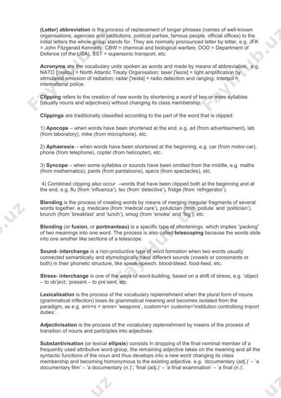 ), work (-ing), etc. word formation: word formation is the branch of lexicology which studies the derivative structure of the words and the structural and semantic formulas and patterns after which the new words are created in a language. productive ways of forming words are such types of word-formation which are frequently used to create new words. those types of word-formation which cannot or seldom produce new words are commonly termed non-productive or unproductive. productivity of word-building ways is their ability of making new words (neologisms) which all who speak english find no difficulty in understanding. neologism is a word that is formed according to productive word formation pattern or borrowed from another language in recent times and felt as new. terms ‘occasionalism’ , ‘nonce-word’ and ‘ad hoc word’ are used to describe words made for special occasion and not necessarily entering the dictionary affixation is generally defined as the …