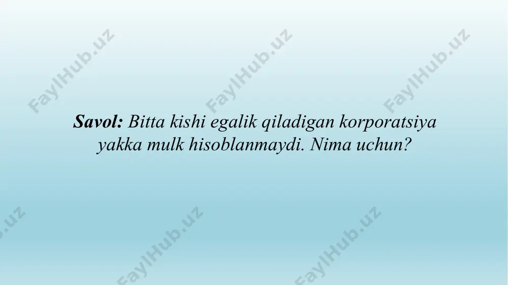rlar manfaati yo‘lida ishlashga majbur qila oladi? 4. bozor intizomi: kompaniyalarning “yutib yuborilishi” va uning moliyaviy natijalari raqobatlik qila oladigan fond bozori mavjud bo‘lgan taqdirda ikkala taraf – aksiyadorlar va menejerlar – amal qiladigan stimullarni tartibga solishda kompaniyalarning “yutilib ketilishi” (“yutib yuborilishi”) mexanizmi amal qiladi. 5. korporatsiyada moliyachining tutgan o‘rni korporatsiyada qabul qilinadigan qarorlarning deyarli barchasi, u yoki bu darajada, moliyaviy qaror hisoblanadi. chunki ular bo‘lajak daromad va xarajatlarning muqobil variantlarini baholash va tanlash bilan bog‘liq. shunday qilib, yirik korporatsiyalarda direktorlik darajasidan tortib, to alohida ishlab chiqarish bo‘limlari, marketing bo‘limlari, tadqiqot laboratoriyalari va boshqa korporatsiya bo‘limlarining boshliqlarigacha boshqaruv uchun mas’ul deyarli barcha xodimlar moliya bo‘yicha mutaxassislar xizmatidan foydalanadilar. korporatsiyalarning moliyaviy rahbarlarini birlashtiruvchi ko‘ngilli tashkilot bo‘lgan “moliyaviy rahbarlar instituti” bu kasbga juda keng ta’rif beradi. unga muvofiq quyida keltirilgan funksiyalardan hech bo‘lmasa bittasini bajarish vakolatini o‘z zimmasiga olgan kishi moliyaviy rahbar hisoblanadi: korporatsiyada moliyaviy rahbarning funksiyalari rejalashtirish kapital bilan ta’minlash pul …