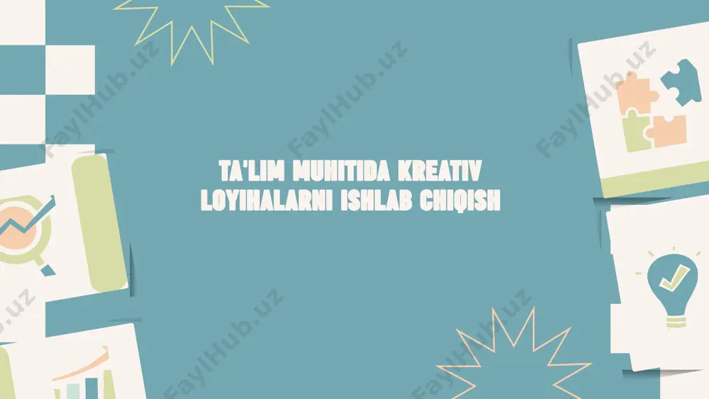 g‘oyalar ishlab chiqadilar 03 kreativlikni rivojlantirishga yordam beradigan metodikalar gruppa ishlari: talabalar bir-biri bilan muhokama qilish, fikr almashish orqali kreativ yechimlar yaratishlari mumkin. prototiplash: talabalar g‘oyalarni amaliyotda sinab ko‘rish orqali innovatsiyalarni yaratadilar. kreativlik va o‘qitish jarayonida muammolar yoshlar orasida kreativ fikrlashning kamligi: ba'zi talabalar o‘zining kreativ imkoniyatlarini kashf qilishda qiyinchiliklarga duch keladilar. resurslar va vaqt cheklovlari: o‘qituvchilar va talabalar uchun resurslar va vaqtning yetishmasligi kreativ ishlarni amalga oshirishda qiyinchiliklar keltirishi mumkin. kreativlikni rivojlantirishga yordam beradigan metodikalar gruppa ishlari: talabalar bir-biri bilan muhokama qilish, fikr almashish orqali kreativ yechimlar yaratishlari mumkin. 1. brainstorming: fikrlashning ochiq va erkin usulida talabalar yangi g‘oyalar ishlab chiqadilar. 2. prototiplash: talabalar g‘oyalarni amaliyotda sinab ko‘rish orqali innovatsiyalarni yaratadilar. 3. gamifikatsiya: o‘qitish jarayonini o‘yin elementlari bilan boyitish orqali talabalarni rag'batlantirish. flipped classroom (aylanma sinf): talabalar uyda yangi ma'lumotlarni o‘rganib, darsda bu bilimlarni amaliyotga tatbiq etadilar. kreativ pedagogik texnologiyalar kreativlikni o‘lchash va baholash o‘qituvchilar kreativ yondashuvlarni baholashda talabalar …