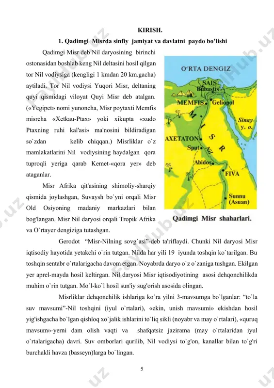 r so`zlari». badiiy adabiyot namunalari: «suzamol dehqon to`g'risidagi qissa», «sinuxet hikoyalari» va hokazolarni aytish mumkin. ertaklar: «ikki aka-uka to`g'risida», «to`g'ri va egri» haqida «kemada halokatga uchraganlar» ertagi, «unu amonning biblga sayohati» (er.avv.xi asr kabilar). diniy ruhdagi asarlar: v-viii sulola fir'avnlari piramidalari ichki devorlarida iyerogliflar bilan tasvirlangan yodgorliklar bo`lib (er.avv.xxiv-xxii asrlar), ular «piramida matnlari» deb ataladi. diniy yozuvlar. o`rta podsholik davrida zodagonlarning yog'och sog'onalarida bitilgan «sarkofaglar matnlari», qadimgi misr diniy bosh kitobi hisoblangan «o`liklar kitobi», memfis ilohiyotshunoslik matnlaridan iborat. tibbiyot, matematika papiruslari. ebers katta papirusi va edvin smit papiruslari kabilar qadimgi misrda ilmiy bilimlarni rivojlangani to`g'risida ma'lumot beradi. arxeologik yodgorliklar. bular me'moriy ansambllar piramida, mastaba (hokim, zodagonlarning sog'onalari), shahar va ibodatxona qal'a, dengiz porti va nekropollardan iborat. ayniqsa, iii-iv sulolalar davrida qurilgan piramidalar noyob tarixiy-madaniy yodgorlik hisoblanadi. eng qadimgi qabr-sarkofaglar jumlasiga, yuqori misr podshosining enxab (nexen) shahridagi qabr-sarkofagni aytish mumkin. misrda mavjud bo`lgan, bizgacha saqlanib kelgan piramidalar, mastaba va boshqa sog'onalar …
