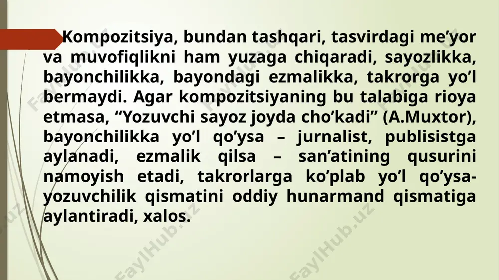 hi betida joylashadi. asar annotasiyasi (qisqa qaydlar yoki ma’lumotlar) hamma asarlarda ham bo’lishi shart emas. lekin agar bo’lsa, u kitobxonni asarni o’qishga yetaklashi lozim. yuqorida aytilgan fikrlarni xulosalak, quyidagi saboqlarni olamiz: 1. badiiy asar syujeti va kompozitsiyasi xuddi mazmun va shakl kabi alohida-alohida vositadir, ayni paytda, ular o’zaro bog’liqdir: syujet kompozitsiyaning ichida yashaydi (u mazmun hodisasidir), kompozitsiya syujetning vujudi (u shakl hodisasidir) hisoblanadi. demak, jon va vujud birlashsagina ruh (g’oya) tiriladi, yashaydi, faoliyat ko’rsatadi. 2. syujet qahramonlar xarakterini va hayot ziddiyatlarini umumlashtiruvchi voqealar silsilasi bo’lsa, kompozitsiya ana shu hayotni betakror tarzda birbutun va yaxlit qilib quruvchi va go’zal gavdalantiruvchi vositadir. 3. kompozitsiya doimo syujetdan kengdir. jumladan, “o’tgan kunlar” ko’p tarmoqli syujet yo’nalishiga ega (i.sultonning ta’kidlashicha, “o’tgan kunlar”da xon va beklar o’z manfaatlarini ko’zlab, hokimiyat uchun kurashadilar va o’z maqsadlariga erishuv uchun qipchoqlarni qorachoponlarga qarshi qo’yadilar. bu romanning asosiy syujet yo’nalishidir. e`tiboringiz uchun rahmat! /docprops/thumbnail.wmf