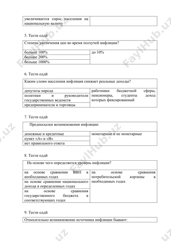 кая инфляция и социальная инфляция правильный ответ отсутствует 10. тести оддӣ один из причин инфляции издержек - это: увеличение стоимости сырья увеличение уровня производственных издержек, в первую очередь зарплата уменьшение стоимости золота увеличение стоимости нефти 11. тести оддӣ один из внешних предпосылок инфляции является: выбор нового президента сша увеличение стоимости нефти на мировом рынке увеличение мирового валового продукта нет правильных ответов 12. тести оддӣ антиинфляционная политика состоит из следующих групп: дискреционная политика и не дискреционная политика дефляционная политика и политика доходов политика доходов и политика расходов фискальная политика и монетарная политика 13. тести оддӣ когда возникла металлистическая теория денег в xvi в в xvi - xvii вв. в xв в vi в 14. тести оддӣ когда получила систематическое развитие номиналистическая теория денег в xvi - xvii вв. в xvii - xviii вв. в xvii в в xv в 15. тести оддӣ когда возникла количественная теория денег в xvii в в …