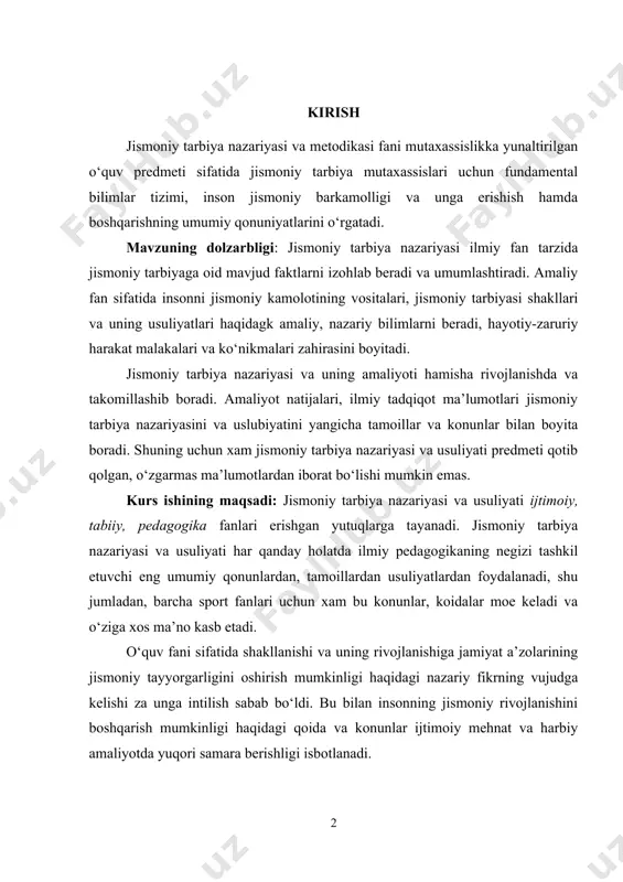 shiga jamiyat a’zolarining jismoniy tayyorgarligini oshirish mumkinligi haqidagi nazariy fikrning vujudga kelishi za unga intilish sabab bo‘ldi. bu bilan insonning jismoniy rivojlanishini boshqarish mumkinligi haqidagi qoida va konunlar ijtimoiy mehnat va harbiy amaliyotda yuqori samara berishligi isbotlanadi. kurs ishining vazifalari: jismoniy tarbiya nazariyasi va metodikasining mazmuniga kuyidagilar kiradi: - jismoniy tarbiya za uni ijtimoiy hodisa tarzida jamiyat mahsuli tarbiyaning boshqa shakllari bilan bog‘liqligiga oid bilimlar; - jismoniy madaniyatning maksadi, uning umumiy vazifalari va nazariy tamoillari; - jismoniy tarbiyaning vositalari va uni usuliyatlarining tamoillari; - harakatga o‘rgatish, o‘kitishning uslubiyatlari; - jismoniy sifatlarni rivojlantirish; - jismoniy mashqlar va uni o‘qitish jarayonining tuzil i shi; - jismoniy mashklar bilan shug‘ullanish mashg‘ulotlarini tashkillashning shakllari; - jismoniy tarbiya jarayoni va uni rejalashtirish; - jismoniy tarbiya uslubiyatining xususiyatlari; - maktabgacha yoshdagi va maktab yoshidagi bolalar jismoniy tarbiyasi; - sport trenirovkasi jarayoni xarakteristika. pedagogik jarayon tarzida jismoniy tarbiyaning umumiy qonuniyatlari jismoniy tarbiya nazariyasining o‘rganish pred meti hisoblanadi. …