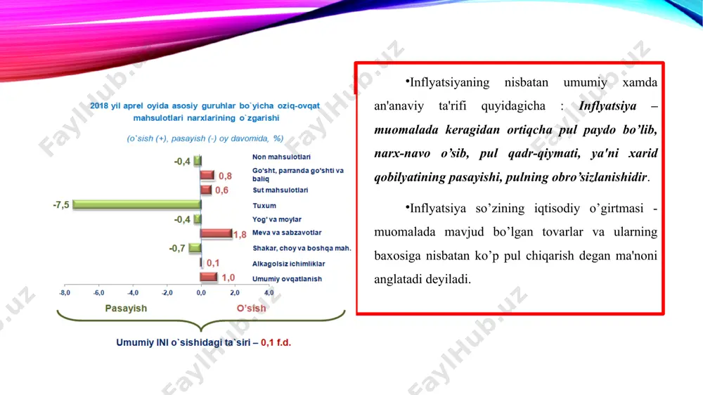 kiston iqtisodiyotida inflyastiya darajasi so’nggi yillarda biroz yuqoridir. albatta, buning oldini olish uchun ko’plab ishlar qilinyapti. shu o’rinda prezidentimizning quyidagi so’zlari o’rinlidir: “barchamizga bir xolat yaxshi ma’lum deb o’ylayman. keyingi vaqtda ko’shni mamlakatlarda va jaxon bozorida oziq-ovqat maxsulotlari narxlarining keskin ko’tarilib borayotgani kuzatilmoqda. bunday vaziyatda respublikamiz ichki bozorining, axolimizning oziq-ovqat maxsulotlari bilan ishonchli taminlanishi aloxida axamiyat kasb etadi. foydalanilgan adabiyotlar ro’yxati. 1. o’zbekiston respublikasining «banklar va bank faoliyati to’g’risida» qonuni. 2019 y.25 aprel. 2. o’zbekiston respublikasining «markaziy banki to’g’risida» qonun. «halq so’zi» gazetasi 2019 y.13 yanvar. 3. o’zbekiston respublikasining vazirlar mahkamasining «pul mablag’larini bankdan tashqari muomalasini yanada qisqartirish chora-tadbirlari to’g’risida»gi qonuni. № 280. 2017 y. 5 avgust. 4. o’zbekiston respublikasining «fuqarolarning banklardagi omonatlarini himoyalash kafolatlari to’g’risida»gi qonuni. 2017 y. 4 aprel. 5. o’zbekiston respublikasi prezidentining farmoni. «bozor islohatlarini chuqurlashtirish va iqtisodiyotni yanada erkinlashtirish sohasidagi ustuvor yo’nalishlar amalga oshirilishini jadallashtirish chora-tadbirlari to’g’risida» toshkent. 14.06.2020 yil. 6. o’zbekiston respublikasi prezidentining farmoni. «tadbirkorlik …