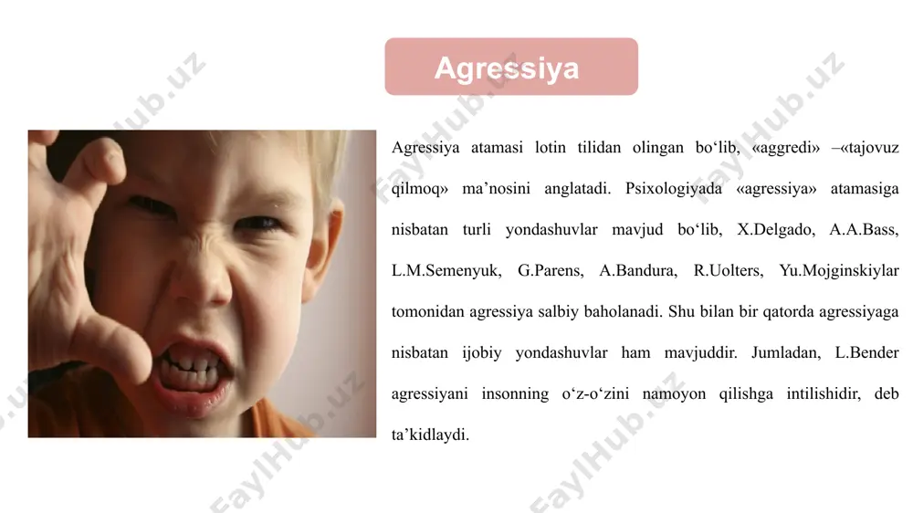 instrumental turlarga ajratadi. ixtiyoriy agressiya-insonning boshqa bir kishiga anglangan tarzda zarar yetkazishi hisoblanadi. instrumental agressiyada-inson o‘z oldiga boshqaga zarar yetkazishni maqsad qilib qo‘ymaydi. bu agressiya yuzaga kelgan vaziyatni hal etishda boshqa usulni qo‘llashga imkon bo‘lmagan holda yuzaga keladi. r.beron va d.richardsonlar agressiyani qurbonga nisbatan maqsadli ravishda zarar yetkazishdir, deya ta’riflaganlar. o‘z hayoti,erkinligi, g‘ururi, o‘zining yoki boshqaning moddiy boyligini himoya qilish maqsadida amalga oshiriladi. ehtiyojlar, istaklar frustrasiyasi namoyon bo‘ladi: rashk va xudbinlik; qasos; ishonchning yo‘qolishi (hayotga, sevgiga, yaqin insonlariga). reaktiv agressiya (boshqani o‘z hukmi, irodasiga bo‘ysundirish); nekrofiliya; surunkali zerikish va depressiya. sadizm kompensatoragressiya zo‘ravonlik, destruktivlik hayotda o‘zi uchun muhim bo‘lgan dolzarb ehtiyojlar qondirilmasligi holatlarini kompensatsiya qilish: salbiy hislarni baqirish, janjalqilish, so‘kish, haqoratlash, tahdid va boshqa usullar orqali bildirish. arzimagan qo‘zg‘ovchi ta’sirga ham qo‘pollik, terslik, emotsional qo‘zg‘alish bilan javob berish. verbalagressiya agressiyaning asosiy sabablari:- alkogol ichimliklarni suiiste'mol qilish, shuningdek, asab tizimini buzadigan dorilar, bu kichik holatlarga tajovuzkor noto‘g‘ri javob reaktsiyasini rivojlanishiga olib …