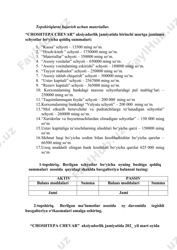 xonaning bankdagi hisob-kitob schyotidan o‘tkazib berildi. 70 000 000 7 zinger qo‘shma korxonasidan 10 ta tikuv mashinasi keltirildi va foydalanishga topshirildi (10 ta x 4500000 so‘m = 45000000 so‘m) 450 000 000 8 asosiy ishlab chiqarish mashina va uskunalariga amortizatsiya hisoblandi. 92 500 000 9 ishchilarga korxona kassasidan ish haqi berildi. 135 500 000 10 ishchilar tomonidan uch kun ichida olinmagan ish haqi summasi deponentga o‘tkazildi. (kassada limit 3 000 000 so‘m qilib belgilangan) ? 11 xizmat safariga ketadigan xizmatchilarga bo‘nak berish uchun korxona kassasiga korxonaning bankdagi hisob-kitob schyotidan naqd pul olib kelindi. 15 500 000 12 ishchilar tomonidan uch kun ichida olinmagan pul kassir b.nazarova tomonidan korxonaning bankdagi hisob-kitob schyotiga topshirildi. ? 14 asosiy ishlab chiqarishga materiallar sarflandi: 402 000 000 15 ombordan tayyor mahsulot sotildi: a) mahsulotni sotish bahosi(258 928 571) qqs bilan b) qqs summasi (12 foiz) c) sotilgan mahsulotning ishlab chiqarish tannarxi 290 000 000 ?? …