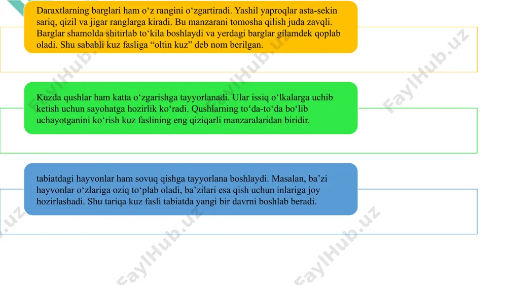 uda zavqli. barglar shamolda shitirlab to ‘ kila boshlaydi va yerdagi barglar gilamdek qoplab oladi. shu sababli kuz fasliga “ oltin kuz ” deb nom berilgan. kuzda qushlar ham katta o ‘ zgarishga tayyorlanadi. ular issiq o ‘ lkalarga uchib ketish uchun sayohatga hozirlik ko ‘ radi. qushlarning to ‘ da-to ‘ da bo ‘ lib uchayotganini ko ‘ rish kuz faslining eng qiziqarli manzaralaridan biridir. tabiatdagi hayvonlar ham sovuq qishga tayyorlana boshlaydi. masalan, ba ’ zi hayvonlar o ‘ zlariga oziq to ‘ plab oladi, ba ’ zilari esa qish uchun inlariga joy hozirlashadi. shu tariqa kuz fasli tabiatda yangi bir davrni boshlab beradi. daraxtlarning barglari ham o ‘ z rangini o ‘ zgartiradi. yashil yaproqlar asta-sekin sariq, qizil va jigar ranglarga kiradi. bu manzarani tomosha qilish juda zavqli. barglar shamolda shitirlab to ‘ kila boshlaydi va yerdagi barglar gilamdek qoplab oladi. shu sababli kuz fasliga “ oltin kuz …