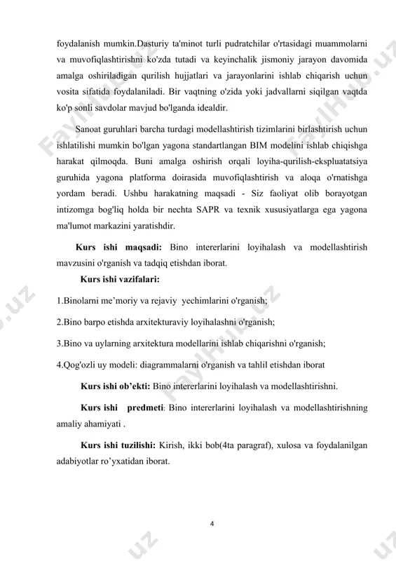 i. yashash, turar-joy binolari odamlarning doimiy yoki vaqtinchalik yashashlari uchun mo‘ljallangan bo‘lib, ularga yashash uylari, yotoqxonalar, mehmonxonalar kiradi.jamoat binolari deb, odamlarni turli ishlab chiqarish bilan bog‘liq bo‘lmagan jamoatchilik ehtiyojlarini qondirish maqsadida qurilgan binolarga aytiladi. bularga ma’muriy maishiy madaniy oqartuv ta’lim muassasalari va boshqalar kiradi[footnoteref:2].sanoat binolari deb, ishlab chiqarish qurollari joylashtirilgan va texnologik jarayon natijasida sanoat mahsulotlari ishlab chiqaruvchi binolarga aytiladi. bularga asosan zavodlar, fabrikalar, turli sexlar, ularga yordamchi binolar ya’ni energetika, transport, omborxonalar, korxona hududida joylashgan ishchilarga madaniy maishiy, tibbiy va boshqa xizmatlar ko‘rsatadigan yordamchi binolar kiradi.qishloq xo‘jalik binolari qishloq xo‘jaligi bilan bog‘liq bo‘lib ular qishloq xo‘jaligi ehtiyojlarini qondirish uchun xizmat qiladi. bularga quyidagilar kiradi: [2: g.karimova, x.komilova ,,reklama va dizayn’’-t. ,,o’zbekiston’’ 2006 yil] 1. chorvachilik binolari; 2. parrandachilik binolari; 3. yilqichilik xo‘jaliklari; 4. cho‘chqachilik binolari; 5. xo‘jalik texnikalari saqlash va ta’mirlash binolari; 6. qishloq xo‘jaligi maqsulotlarini saqlash binolari; 7. qishloq xo‘jaligi mahsulotlarini qayta ishlash binolari; 8. issiqxonalar va boshqalar. …