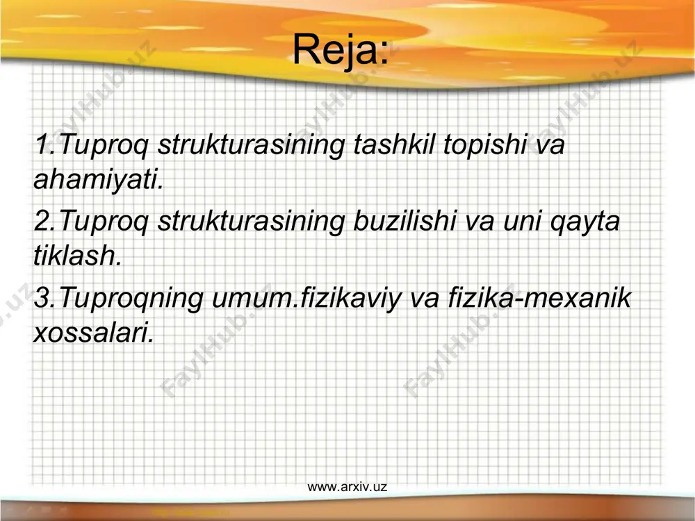 un serchirindi kora tuproqlarda va tuk tusli utloki tuproqlarda bir-biriga mustaxkam birikkan suvga chidamli va eng yaxshi sifatli donodor xolagi struktura elementlari kup buladi. www.arxiv.uz www.arxiv.uz tobga kelmagan (nami kochgan yoki sernam) yerlarni shudgorlash.juda kup mola bosish,etilmagan yerlarni boronalash va kulьtivatsiyalash xam tuproq strukturasini buzadi. yomgir suvlari tarkibidagi va ugitlar tarkibidagi ba’zi kationlar eng yaxshi kogulyant bulmish kalьtsiy kationini tuproqning singdirish kompleksidan sikib chikarib yuvilib ketishiga olib keladi. okibatda tuproq strukturasi buziladi. chirindining minerallashishi singari biologik jarayon xam tuproq strukturasini buzadi. chunki tuproq chirindsisiagergatlarning bir-biriga yopishishida “kley”, “tsement” vazifasini utaydi. tuproqning unumdorligini saklab kolish va uni oshirish uchun avvalo tuproq strukturasini saklash va buzilgan strukturani yaxshilash lozim buladi. tuproq strukturasini saklash va uni saklashda avvalo almashlab ekishni yaxshi yulga kuyish ayniksa dukakli utlar va bir yillik ut-ekinlari bilan almashlab ekish lozim buladi. bu ekinlar uzidan kuplab ildiz koldiklari koldirib tuproqda chirindi mikdorini oshiradi. yerlarga organik ugitlar solish xam tuproq strukturasini …