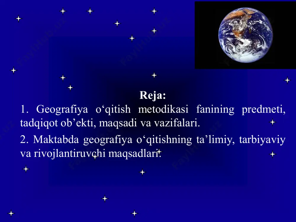 eografiya o‘qitishning shakl va usullari, ta’lim jarayonida geografiya o‘qitish vositalari (dasturlar, darsliklar, atlas haritalar, o‘quvchi va o‘qituvchilar uchun ilmiy metodik qo‘llanmalar va boshqalarni yaratish), o‘quvchilarning o‘quv materiallarini o‘zlashtirishlari, ta’lim jarayonida o‘quvchilar fikrlashining rivojlanishi va boshqalar bilan bog‘liq vazifalarni hal qiladi. geografiya ta’limi metodikasi: • o‘qitish maqsadi «geografiyani nima uchun o‘qitamiz?»; • geografiya ta’limi mazmunini (nimani o‘qitamiz?); • geografiya ta’limi vositalarini (nimalar yordamida o‘qitamiz?); • o‘qitishning shakl va usullarini (qanday o‘qitamiz?) kabi muammolarni tadqiq qiladi. geografiya o‘qitish metodikasi fanining vazifalari: - maktab geografiya kurslarining sinflar bo‘yicha maqsadi, mazmuni va ahamiyatini belgilash va mazmunini takomillashtirish, o‘quvchilarning yosh xususiyatlarini hisobga olgan holda geografiya fanidagi asosiy g‘oya, fakt tushuncha va qonuniyatlarni ajratib olish; - o‘quvchilarning yosh xususiyatlarini hisobga olgan holda tanlab olingan bilmlarni o‘zlashtirishga imkon beradigan ta’lim usullarni aniqlash; - geografiyaga oid ma’lumotlar asosida o‘quvchilarda voqea va hodisalarga nisbatan dunyoqarash shakllantirish ularni milliy qadriyatlar va vatanparvarlik ruhida tarbiyalash yo‘llarini ko‘rsatib berish; - o‘quvchilarga amaliy …