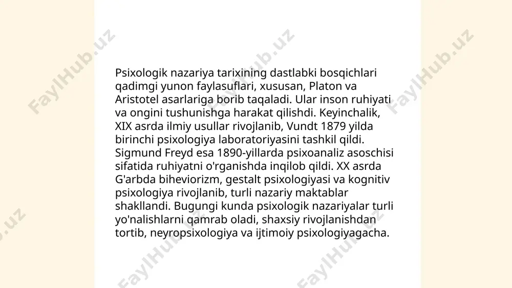 y jarayonlarni o‘rganishga qaratilgan. u 20-asrning o'rtalarida rivojlanib, asosiy e'tiborini bilish jarayonlariga, masalan, e'tibor, idrok, xotira, tafakkur va qaror qabul qilishga qaratadi. ushbu nazariyaga ko'ra, inson ongida axborot qayta ishlanadi. kognitiv psixologiya keyinchalik sun'iy intellekt va kompyuter fanlari bilan ham bog'landi. asosiy nazariyotchilaridan biri ulrich neisser bo'lib, u 1967-yilda "kognitiv psixologiya" nomli kitobi orqali bu sohaning rivojlanishiga katta hissa qo'shgan. bu nazariya o'qitish va o'rganish jarayonlarini ham yaxshiroq tushunishga yordam beradi. ... t.me/slaydai_bot gumanistik psixologiya nazariyasi xx asrning o'rtalarida paydo bo'lgan va insoniyatning ijobiy tomonlariga, potensiali va shaxs sifatida rivojlanishiga e'tibor qaratadi. bu nazariya asoschisi sifatida karl rogers va abraham maslow tan olinadi. maslowning ehtiyojlar ierarxiyasi piramidasi mashhur bo'lib, unda inson ehtiyojlari fiziologik ehtiyojlardan boshlab o'zini aktualizatsiya qilishgacha bo'lgan bosqichlarda tasvirlangan. gumanistik psixologiya insonni ijodiy va avtonom mavjudot sifatida ko'radi va empatiya va shaxsiy tajribaning muhimligini ta'kidlaydi. bu nazariya terapevtik jarayonlarda keng qo'llanilib, insonning o'zini anglashiga va hayot sifatini yaxshilashiga …