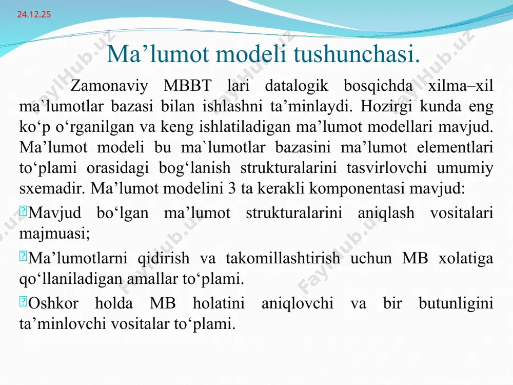 boglanishi mumkin. ya’ni, tarmoqli bir necha kichkina ob’ektlardan to`plangan yirik ob’ekt deb qarash mumkin. ushbu chizmada boglanishlarni tarmoqli modelda tasvirlanishi keltirilgan. * tarmoqli mb turida ma’lumotlar bilan quyidagi ishlarni bajarish mumkin. mb yozuvlarini qidirish yangi yozuvni yaratish joriy yozuvni olib tashlash joriy yozuvni tiklash yozuvni bog`lanishga qo`shish yozuvni boglanishdan olib tashlash bog`lanishlarni o`zgartirish * relyatsion model relyatsion modelda ma`lumotlar jadval ko`rinishida taqdim etiladi jadval qatorlari – ma`lumotlar, ustunlari esa alohida maydonlar hisoblanadi. * xizmatchi nomeri f.i.sh unvoni tugilgan yili mutaxassis kodi mansab maosh xn fish un ty mk mb msh 2518 valiev s.p. t.f.n. 1985 pm dots 260000 2567 soliev i.t. t.f.d. 1987 evm prof. 360000 3245 aliev s.i. t.f.n. 1988 pm ilm.xodim 280000 3267 boriev a.o. akad. 1982 asu prorek. 400000 relyatsion ma`lumotlar bazasi relyasion mb – o‘zaro bog‘langan jadvallardan iborat. har bir jadval bir turdagi ob’ektlar to`g‘risida ma’lumotlarni o‘z ichiga oladi. barcha shunday jadvallar to‘plami mb tashkil etadi. …