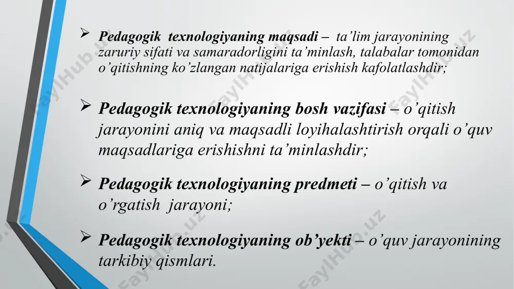 allari bilan ishlashda maslahatlar berish; ta’lim oluvchilarning topshiriqlarni bajarish bo’yicha qo’shimcha ko’rsatmalar berish; ta’lim oluvchilarning o’z-o’zini baholash natijalarini tahlil etish. mavzuni o’tish modeli nazariy o’quv materiali elektron versiyasi tayyorlanadi o’quv materialini ko’rgazmali uzatish uchun taqdimot slaydlari tayyorlanadi talabalar o’z-o’zini baholash imkoniyati uchun o’quv materiali bo’yicha 5 ta testlar ishlab chiqiladi o’quv materiali mavzusiga oid qo’shimcha sifatida internetdan materiallar ( ilmiy ishlar va boshqa yangiliklar) to’planadi. mavzuga oid topshiriqlar, rebuslar yoki krassovordlar ishlab chiqiladi: e’tiboringiz uchun rahmat! image2.jpeg image3.jpeg image4.jpeg image6.jpeg
