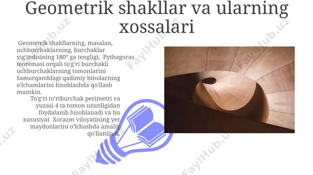g uzunliklarini topish mumkin, masalan, samarqanddagi maktabda bu masalani hal qilish o'rganiladi. parallelogram va uning turlari parallelogramning qarama-qarshi tomonlari teng va parallel bo'lib, ularning uzunliklari yig'indisi 30 sm bo'lsa, parallelogramning har bir tomonining uzunligini topish mumkin. masalan, samarqanddagi maktabda bu masalani 8-sinf o'quvchilari yechadi. romb, to'g'ri to'rtburchak va kvadrat kabi parallelogram turlari mavjud bo'lib, ularning burchaklari va tomonlarining o'ziga xos xususiyatlari bor. masalan, 90 gradusli burchakka ega parallelogram to'g'ri to'rtburchak deb ataladi. uchburchak va uning elementlari uchburchakning uchta ichki burchaklarining yig'indisi har doim 180 gradusga teng bo'ladi, bu teorema qadimgi yunon matematikosidan, masalan, evklidning "elementlar" kitobidan ma'lum va samarqanddagi mashhur madrasalarda o'rgatilgan. to'g'ri burchakli uchburchakda, 3, 4 va 5 birlik uzunlikdagi tomonlarga ega bo'lgan uchburchak misr piramidalarini qurishda qo'llanilgan "3-4-5" uchburchagi misolida pifagor teoremasini ko'rsatib beradi. burchaklar va ularning turlari o'tkir burchaklar 0 va 90 daraja oralig'ida bo'ladi va ularning qiymati farg'ona vodiysidagi yer uchastkalarini o'lchashda muhim ahamiyatga ega. ushbu …