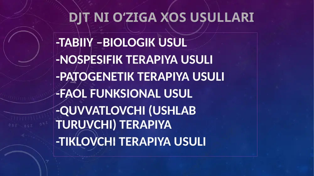 lar uchun (26*s); suv ostida (mineral suv 36-38*s) asosan markaz nerv sistema kasalliklarida (bmp, umurtka pogona travmalari, mushaklarini tonusi oshganida va x.ts.); gidrokinezoterapiya instruktor yordamida; suv ostida traksion terapiya (mexanik jarayon) afzalligi umurtka pogona tushadigan yukmalar pasayadi; mushaklarni suvga karshiligi oshadi; psixoemotsional faktori; chiniktiruvchi; tetiklantiruvchi tinchlantiruvchi ta’sir. djtni buyurishga asosiy qarshi kursatma og‘ir axvoldagi yoki ruxiy bemorlar bilan muloqotda bo‘la olmaslik kasallikni o‘tkir davri va uni progressiv kechishi yurak-qontomir yetishmovchiligi kuchaygan davri sinusli taxikardiya (1min. 100 tadan ko‘p bo‘lsa) ekstrasistoliya chastotasi 1:10 dan yuqori bo‘lganda ekg dinamiksidagi qarshi ko‘rsatmasi(ishemik o‘zgarishlar) av blakadani ii-iii darajasida gipertenziya (ad 200/120 mm.sim. ut.yuqori) gipotenziya (ad 90/50 mm.sim.ust. dan pats) qon ketish va tromboembolik xavf xatari bo‘lganda anemiya xolatida,1mm kub qondagi eritrotsitlar soni 2,5-3 mln dan kam bo‘lsa echt 20-25 mm/soat dan yuqoriligi , yaqqol leykotsitoz chiniqishning asosiy prinsiplari. massaj. mavzu: turli kasalliklarda massajni qo`llash reja: massaj haqida tushuncha massaj turlari davilovchi massaj tushunchasi massaj …