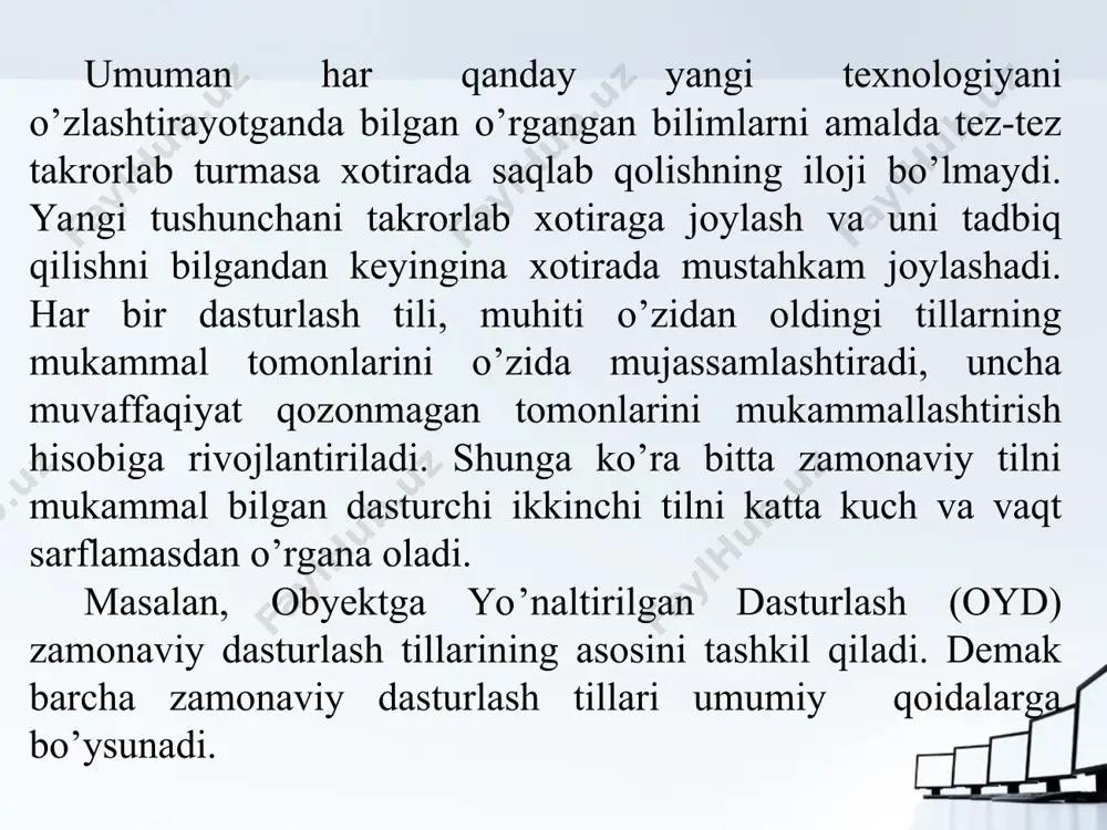 o’ng tepasida joylashgan bo’ladi. oynaning sathiga vizual dastur uchun zarur bo’ladigan vcl komponentalar joylashtiriladi. forma (shakl ) dizayneri dastur kodi muharriri obyektlar inspektori oynasi obyektlar inspektori oynasi ostida obyektlarni daraxtsimon ko’rinishi oynasi joylashgan. bu oynada ilovadagi barcha obyektlar daraxt strukturasi shaklida ifodalangan bo’ladi. formalar, dastur kodi va boshqa dastur tarkiblari fayllari berilgan bo’ladi. obyektlarni daraxtsimon ko’rish oynasi borland c++ builder 6 muhiti asosiy menyu buyruqlari file buyrug’i guruhi bu menyu buyruqlari fayllar bilan ishlashga mo’ljallangan va qo’yidagi amallarni bajaradi: (new) yangi fayl hosil qilish, forma (oyna) ochish, mavjud fayllarni (open) ochish, fayllarni saqlash (save) va (close) yopish, ilova dastur kodi matnini (print) chop qilish mumkin. menyuning bu buyruqlari guruhi tahrir qilish uchun zarur bo’lgan buyruqlardir. masalan inkor qilish (undelete) va (redo) takrorlash, qirqib olish(cut), nusxa olish (copy), nusxa olinganni qo’yish (paste) va o’chirish (delete) kabi amallarni o’z ichiga olgan. edit buyruqlari guruhi view(ko’rish) buyruqlar guruhi menyuning bu buyruqlari guruhidan ilova …