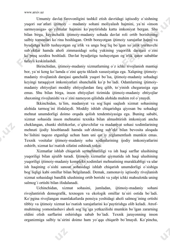 elib tushayotgan og`irlik va unga bog`liq bo`lgan xo`jalik yurituvchi sub`ektlar hamda aholi zimmasidagi soliq yukining yuqorilik darajasi o`zini ko`proq sezdira boshladi. davlat byudjetiga tushayotgan og`irlik qator sabablar tufayli keskinlashdi. birinchidan, ijtimoiy-madaniy xizmatlarning o`z ichki rivojlanish mantiqi bor, ya`ni keng ko`lamda o`zini qayta tiklash xususiyatiga ega. xalqning ijtimoiy-madaniy rivojlanish darajasi qanchalik yuqori bo`lsa, ijtimoiy-madaniy sohadagi keyingi taraqqiyot imkoniyatlari shunchalik ko`p bo`ladi. odamlarning ijtimoiy-madaniy ehtiyojlari moddiy ehtiyojlardan farq qilib, to`yinish chegarasiga ega emas. shu bilan birga, inson ehtiyojlari tizimida ijtimoiy-madaniy ehtiyojlar shaxsning rivojlanishi va o`zini namoyon qilishda alohida muhim rol o`ynaydi. ikkinchidan, ta`lim, madaniyat va sog`liqni saqlash xizmat sohasining alohida tarmog`ini ifodalaydi. moddiy ishlab chiqarishga qiyosan bu sohadagi mehnat unumdorligi doimo orqada qolish tendentsiyasiga ega. buning sababi, xizmat sohasida inson mehnatini texnika bilan almashtirish imkoniyati ancha cheklangan, chunki shifokorlar, o`qituvchilar va madaniyat sohasi xodimlarining mehnati ijodiy hisoblanadi hamda sub`ektning sub`ekt bilan bevosita aloqada bo`lishini taqozo etganligi uchun ham uni qat`iy reglamentlash mumkin …