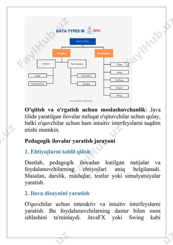 i qo'llash. mobil ilovalar yaratish: java yordamida mobil platformalarda pedagogik ilovalar yaratish (masalan, android ilovalari). bulutli texnologiyalarni qo'llash: bulut texnologiyalarini qo'llash orqali, pedagogik ilovalarni ko'proq foydalanuvchilar uchun erkin foydalanish imkoniyatlarini yaratish. java tizimi yordamida pedagogik ilovalar yaratish, ta'lim jarayonini raqamlashtirish va samarali o'rgatishning yangi imkoniyatlarini yaratadi. kross-platforma, obyektga yo'naltirilgan dasturlash va keng kutubxonalarga ega bo'lishi java tizimini pedagogik ilovalar ishlab chiqish uchun juda qulay platformaga aylantiradi. garchi ba'zi qiyinchiliklar mavjud bo'lsa-da, java yordamida yaratilgan ilovalar ta'limni yangilash va rivojlantirishda katta imkoniyatlarga ega. 3mi-23 guruh talabasi aminova umidaning mobil texnologiya fanidan tayyorlagan referati. image5.jpeg image6.png image1.jpeg image2.png image3.jpeg image4.jpeg