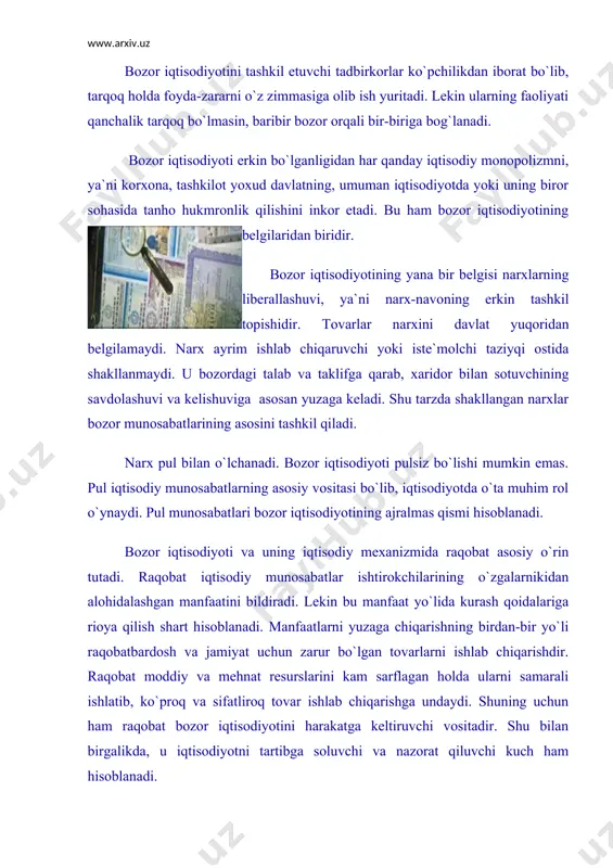 larni ishlab chiqarish tomon buradi. u behuda mehnat sarfini tan olmaydi, aksincha, unga yo`l qo`yganlarni iqtisodiy jihatdan jazolaydi, ya`ni ular zarar ko`radi. bozor iqtisodiyoti moslashuvchan tizimdir. u sharoit o`zgarishiga darhol javob beradi, nima etishmasa, shuni darhol ishlab chiqarishni ta`minlaydi. uning muhim tomonlaridan biri novatsiya (yangilik)ga moyilligidir. u fan-texnika, texnologiya yangiliklarini darhol qabul qiladi. yangi tovarlarni ishlab chiqarishni, yangi texnologiya va boshqarish usullarini joriy etishni ta`minlaydi. chunki bu raqobatda yutqazmaslik, yaxshi foyda ko`rish boylik va obro`-e`tibor orttirishning sharti bo`lib xizmat qiladi. yuqorida keltirilgan xususiyatlarning natijasi o`laroq bozor iqtisodiyoti tovarlar va xizmatlar to`kinligini yuzaga keltiradi. bozor iqtisodiyotining taraqqiyot bosqichlari va turlari bozor iqtisodiyoti xvii asrning boshlaridan hozirgi vaqtga qadar bir qancha taraqqiyot bosqichlaridan o`tdi, desak xato bo`lmaydi. binobarin, har bir bosqichda o`ziga xos iqtisodiy munosabatlar tizimi va bozor iqtisodiyotining turlari shakllandi. (2.2-rasmga qarang) 2.2-rasm. bozor iqtisodiyotining turlari bozor iqtisodiyoti taraqqiyotining ilk davriga xos bo`lgan iqtisodiy munosabatlar tizimini ayrim iqtisodchilar, jumladan, taniqli iqtisodchi-olim …