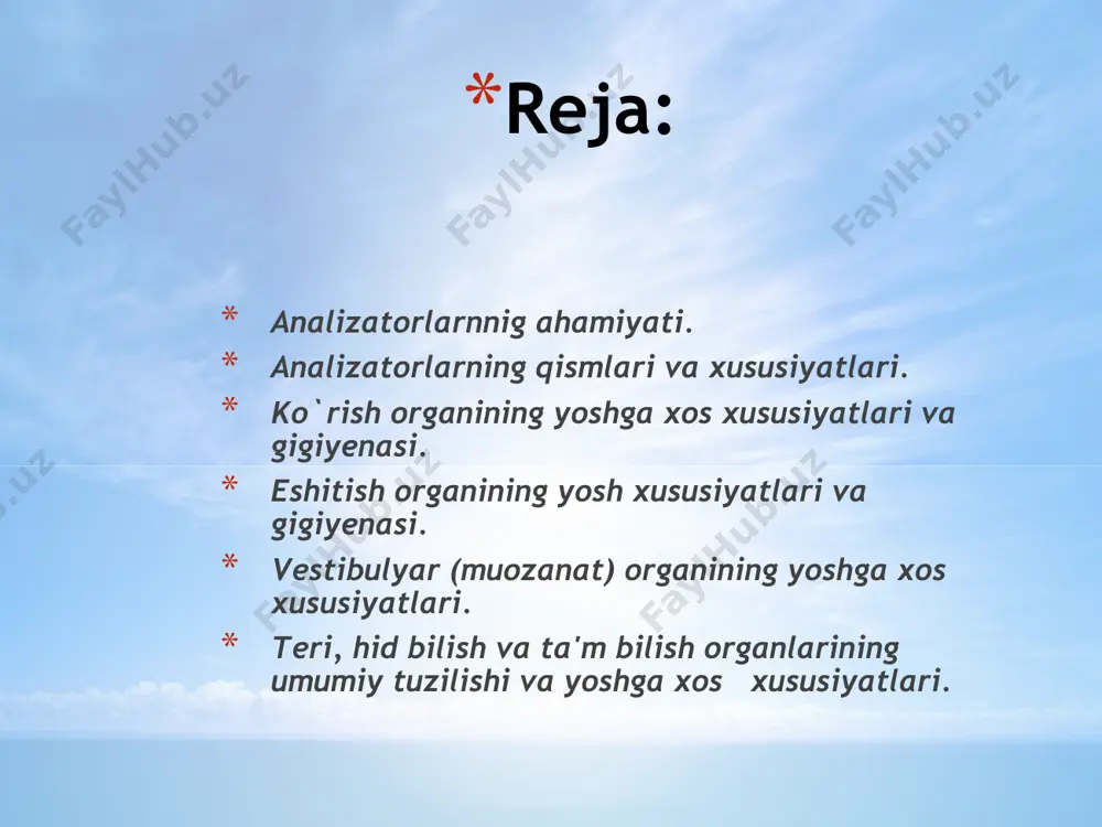 lik, haykaltaroshlik san’atlarining mahsulotlaridanbahramand bo’ladi, tabiat go’zalliklaridan zavqlanadi bosh miya po’stlog’i sezgi organlari markazlarining joylashuvi: 1-hid bilish markazi bosh miya po’stlog’i chekka qismining oldingiyuqori sohasida; 2-ko’rish markazi ensa sohasida; 3-eshitish markazibosh miya o’stlog’i chekka qismining pastki sohalarida; 4-ta’m bilishmarkazi bosh miya po’stlog’i chekka qismining yuqori va o’rta sohasida; 5-barmoq terisidagi paypaslash markazlari bosh miya po’stlog’i tepaqismining o’rta sohasida. ko’zning tuzilishi. ko’z bosh suyagining chuqurchasida — ko’z kosasida joylashgan. ko’z ko’z soqqasi, ko’rish nervi vayordamchi qismlar: ko’z soqqasini harakatlantiravchi muskullar va ularning nervlari, qovoq vakipriklar, yosh bezlari, qon tomirlari kabi-lardan tuzilgan. ko’z soqqasi tashqi va ichkiqismlardan iborat. tashqi qismi uch qavat: tashqi — fibroz, o’rta — qon tomir va ichki — to’rsimonpardalardan tashkil topgan. ichki qismiga ko’z ichi suyuqligi, ko’z gavhari va shishasimon tana kiradi. fibroz pardaning oldingi qismida shoh parda bo’ladi. ko’z soqqasi: 1—ko’z soqqasining oq pardasi; 2-ko’z soqqasining shoh pardasi; 3-ko’zning qon tomir pardasi; 4-ko’zning kamalak pardasi; 5-ko’zning oldingi …