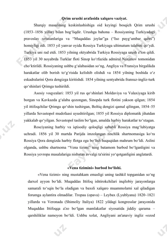 qaro muammolarni xal qiladigan forumga aylantira olmadilar. tropau (opava) – leybax (lyublyana) 1820–1821 yillarda va veronada (shimoliy italiya) 1822 yildagi kongresslar jarayonida muqaddas ittifoqqa a'zo bo‘lgan mamlakatlar siyosatida jiddiy qarama – qarshiliklar namoyon bo‘ldi. ushbu xolat, angliyani an'anaviy ingliz «ozod qullari» siyosatiga qaytishiga va ittifoq bilan kelishilgan xolda ish olib borishdan asta – sekin uzoqlashtirib bordi. angliyani kelishilgan amallardan uzoqlashishi yevropani separat ittifoqlarga va koalitsiyalarga parchalanib ketishiga olib bordi. fransiya va belgiyada 1830 yilda birin – ketin amalga oshirilgan inqiloblar, hamda 1830–1831 yilgi polsha g‘alayoni 18151850 yillardagi xalqaro munosabatlardagi eng asosiy ziddiyatni – ya'ni angliya va rossiya o‘rtasidagi raqobatni yanada chuqurlashtirdi. buyuk davlatlar elchilarining 1830-1831 yil london konferensiyasi va belgiya davlati mustaqilligini va uning doimiy betarafligini e'tirof etish to‘g‘risidagi protokolni imzolanishi vena chegaralari (1815) tizimidagi birinchi darz ketish bo‘ldi. «1815 yilgi traktatlarni» muxofaza qilish bo‘yicha beshta buyuk davlatlarni kelishilgan xoldagi amallarini ko‘zda tutgan va «inqilobiy kuchlar» bilan kurashni nazarda tutgan …