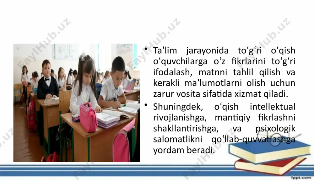 . shu sababli, o‘qituvchilar o‘quvchilarning o‘qish qobiliyatlarini rivojlantirishda individual yondashuvni qo‘llab-quvvatlashi zarur. o‘qishning samarali bo‘lishi uchun o‘quvchilarga interaktiv va amaliy mashqlar yordamida doimiy mashq qilish kerak. foydalanilgan adabiyotlar: xusanov, t. (2018). boshlang‘ich ta’limda o‘qish metodikasi. toshkent: o‘zbekiston milliy universiteti. karimov, m. (2020). o‘quvchilarni o‘qishga o‘rgatish usullari va metodlari. samarqand: samarqand davlat universiteti. abduazizov, sh. (2019). o‘qish jarayonida pedagogik yondashuvlar. toshkent: fan va texnologiya nashriyoti. rahmatov, m. (2021). boshlang‘ich sinfda o‘qish metodikasining asoslari. buxoro: buxoro davlat universiteti. usmonova, z. (2022). o‘quvchilarni to‘g‘ri o‘qishga o‘rgatish. tashkent: o‘qituvchi. image2.png image3.jpeg image1.png /docprops/thumbnail.jpeg