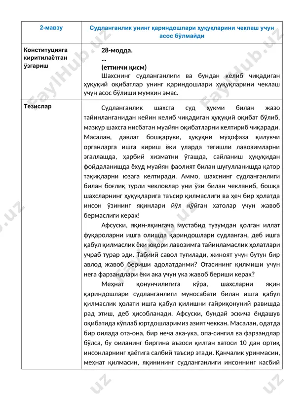 ларимиз азият чеккан. масалан, одатда бир оилада ота-она, бир неча ака-ука, опа-сингил ва фарзандлар бўлса, бу оиланинг биргина аъзоси қилган хатоси 10 дан ортиқ инсонларнинг ҳаётига салбий таъсир этади. қанчалик уринмасин, меҳнат қилмасин, яқинининг судланганлиги инсоннинг касбий ўсиши, шахс сифатида ривожланиши, жамиятда нуфузли ўринга эга бўлишига тўғридан-тўғри тўсиқ бўлади. шундан келиб чиқиб, конституциявий даражада судланган шахслар қариндошларининг ҳуқуқлари ҳимояланмоқда. агар биз судланган шахслар қариндошларининг ҳуқуқларини асоссиз чеклашни тақиқланишини тарафдори бўлсак, мазкур конституциявий ўзгартиришларни қўллашимиз зарур. 3-мавзу давлат ва жамият болаларда ҳамда ёшларда ватанга бўлган меҳр-муҳаббат туйғуларини шакллантириш тўғрисида ғамхўрлик қилади конституцияга киритилаётган ўзгариш 78-модда. … (тўртинчи қисм) давлат ва жамият болаларда ҳамда ёшларда миллий ва умуминсоний қадриятларга содиқликни, мамлакатидан ҳамда халқнинг бой маданий меросидан фахрланишни, ватанпарварлик ва ватанга бўлган меҳр-муҳаббат туйғуларини шакллантириш тўғрисида ғамхўрлик қилади. тезислар маълумки, мамлакатимизнинг эртанги куни, фаровонлиги фарзандларимиз қандай инсон бўлиб камолга етиши билан боғлиқ. қонунчилигимизга мувофиқ, 18 ёшга тўлгунга қадар бўлган шахс – бола ҳисобланади. …