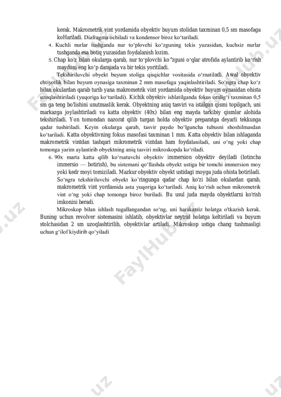 burab o‘matilgan, u mayda plastinkalardan iborat, yonidagi maxsus klemma yordamida diafragma teshigini kengaytirish, toraytirish va yorug'iik miqdorini o'zgartirish mumkini. mikroskopning optik qismiga okular va obyektivlar k ir ad i . okularlar ko'rilayotgan obyektni 7x, lox, 15x, 20x martta kattalashtirib ko’rsatadi (kattalashtirish darajasi okularlarda ko‘rsatilgan bo’ladi. okular naysimon shaklda bo'lib, uning ikki tomonida linzalar joylashgan. obyektivlar revolver sistemasidagi maxsus o'rindiqlnrtfn joylashgan. obyektivlar buyumni 8x, 40x, 60x, 90x marta katta qilib ko‘rsatadi. mikroskopning kattalashtirish qobiliyati uning „kuchi“ deyiladi. 0‘rganilayotgan buyum qancha kattalashtirilganligini bilish uchun obyektiv ko‘rsatkichini okular ko‘rsatkichiga ko‘paytirish zarur (masalan 10x8 = 80, 10 x 40 = 400, 10 x 90 = 900 va hokazo). yorug‘lik inikroskopi bir-biridan 0,2 mkm yaqinlikdagi ikki buyumni ajrata oladi, odam ko‘zining ajrata olish qobiliyati 0,1 mm, elektron mikroskopniki esa 5 a0 (1 angstrem = 10“7mm mikroskop bilan ishlash tartibi. 1. mikroskop shtativi kuzatuvchi tomoniga qaratilib stol qirra- sidan kamida 5 sm ichkariga qo‘yiladi. 2. nur …