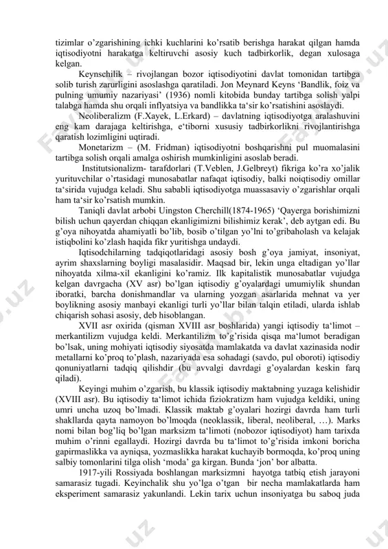 n jahonga ma‘lum bo’ldi, vaholanki, undan avvalgi ko’pgina nazariyalar ayrim mamlakatlarda ko’pchilikka ma‘lum bo’lmasdan ‘o’lik mol’ sifatida yotgan. tanlov tushuntirib berishni talab qiladi, shuning uchun tanlov jarayonining mavhumligi tarixchilarning xatosini, oldindan ma‘lum yozuvchihga moyilligini va ularning yozuvchilarni tanlash mezonini yashiradi. bizning kamchiliklarimizdan biri bu munozarani yaxshi ko’rishimizdir. biz murosadan ko’ra bahsni ko’proq yaxshi ko’ramiz. yana bir kamchiligimiz bu “1000 gul ochilishiga imkon berish” yondashuvimizdir, ya‘ni biz kichkina urug’dan qanday go’zallik paydo bo’lishini tasavvur ham qila olmaymiz. bu xatoliklar ushbu kitobda hisobga olingan, shuning uchun u boshqa kitoblardan biroz farq qiladi. g’arb mamlakatlarida yuzaga kelgan ‘ekonomiks’ va boshqa tadqiqotlar barchaning diqqat-e‘tiborini jalb qilmoqda. qadimdan to hozirgi davrgacha minglab turli-tuman iqtisodiy g’oya, qarash, konsepsiya, nazariya, ta‘limotlar vujudga kelganligi aniq. ularning barchasini to’la o’rganish alohida mavzu, maxsus muammo. shu maqsadda yangi-yangi tadqiqotlar olib borish, tahlil etish va umumlashtirib e‘lon qilish zarur, bu yaqin kelajak vazifasi sifatida qabul qilinishi mumkin. ammo hozirgi davrgacha jamlangan …
