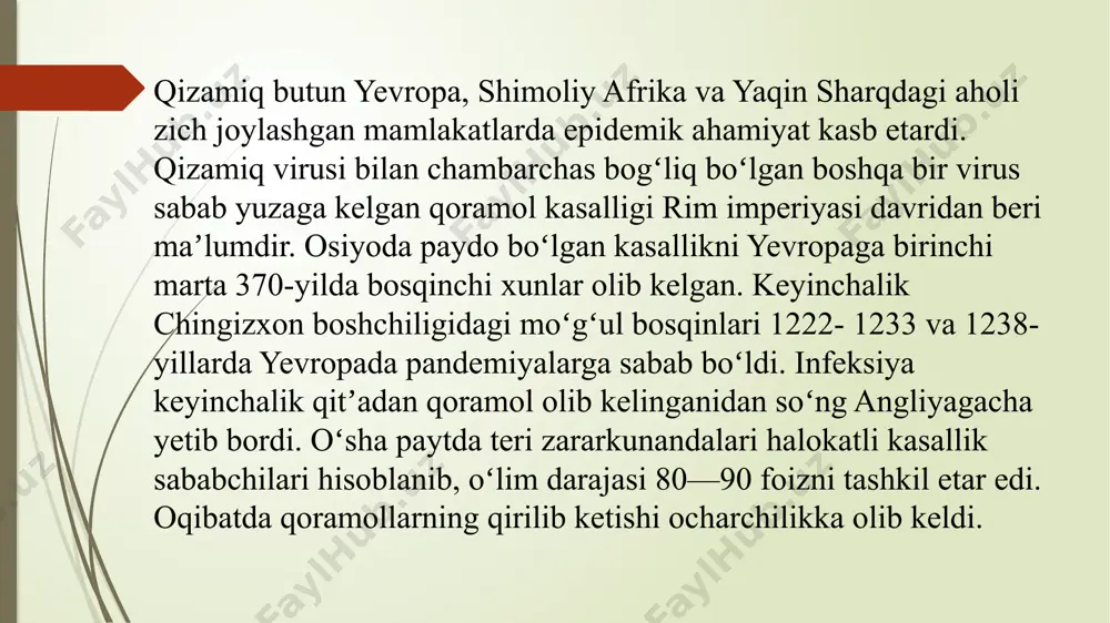 ishdi. shvetsiyada 1841—1842-yillarda diniy ekstaz epidemiyasi paydo boʻldi. kasallik eshitish va vizual gallyutsinatsiyalarda, vaʼz qilishning toʻxtovsiz istagi koʻrinishida namoyon boʻldi. kasallik spirtli ichimliklarni suiisteʼmol qilish va ochlik tufayli odamlarning notoʻgʻri ovqatlanishi taʼsirida rivojlangan. 1962-yilda zamonaviy tanzaniya hududida kulgi epidemiyasi boshlandi, u bir yarim yildan keyin toʻxtadi. 2020-yil boshida boshlangan covid-19 pandemiyasi kasallik tarqalishining barcha yuqori sur’ati va koʻlamini, oʻlim darajasining yuqori boʻlishi oqibatida aholi uchun xavf tugʻdirishini, odamlarning odatiy hayotini buzishi va moddiy yoʻqotishlarni, ruhiy kasalliklarning belgilarini koʻrsatadigan aholining hissiy reaksiyasi oʻzida jamladi. https://uz.wikipedia.org/wiki/viruslarning_ijtimoiy_tarixi www.library.oxu.uz www.tma.uz www.lex.uz e’tiboringiz uchun raxmat image1.png image2.png image3.png image4.png image5.png image6.png image7.png image8.png image9.png /docprops/thumbnail.jpeg