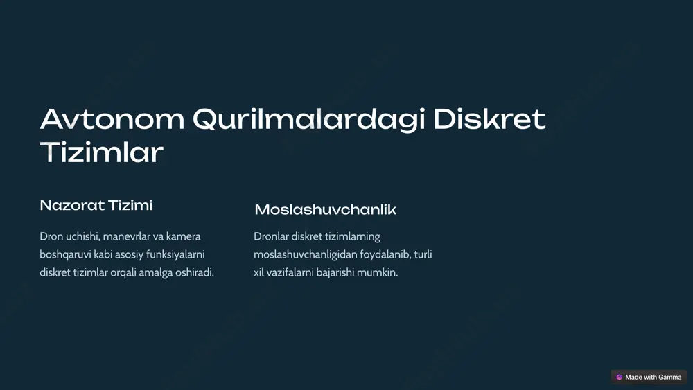 imlar avtonom qurilmalarda va robotlarda yuqori xavfsizlik darajasini ta'minlaydi. 2 ishonchlilik diskret tizimlar ishda doimiy va xatolarsiz bo'ladi, bu ularni ishonchli qiladi. 3 uzluksizlik diskret tizimlar uzluksiz ravishda ishlashga qodir, bu esa uzluksiz xizmat ko'rsatishni kafolatlaydi. boshqaruv va monitoring: diskret tizimlar avtomatlashtirilgan boshqaruv diskret tizimlar avtonom qurilmalar va robotlarni to'liq avtomatlashtirilgan tarzda boshqaradi. nazorat diskret tizimlar real vaqt rejimida qurilmalarning ishlash holatini kuzatib boradi. diagnostika diskret tizimlar nosozliklarni aniqlab, tez tahlil qilish imkonini beradi. avtonom tizimlar rivojida diskret tizimlarning roli 1 qurilma nazorati diskret tizimlar avtonom qurilmalar va robotlarning murakkab harakatlarini boshqaradi. 2 moslashuvchanlik diskret tizimlar avtonom tizimlarning turli vazifalarni bajarishiga imkon beradi. 3 xavfsizlik diskret tizimlar avtonom tizimlarning xavfsiz va ishonchli ishlashini ta'minlaydi. xulosa avtonom qurilmalar va robotlarda diskret tizimlardan foydalanish asosiy ahamiyatga ega. ular qurilmalarning aniq, ishonchli va xavfsiz ishlashini ta'minlaydi. bundan tashqari, diskret tizimlar avtonom tizimlarning moslashuvchanligini oshiradi va boshqaruv-monitoring imkoniyatlarini yaxshilaydi. image1.png image2.png image3.png image4.png image5.png …