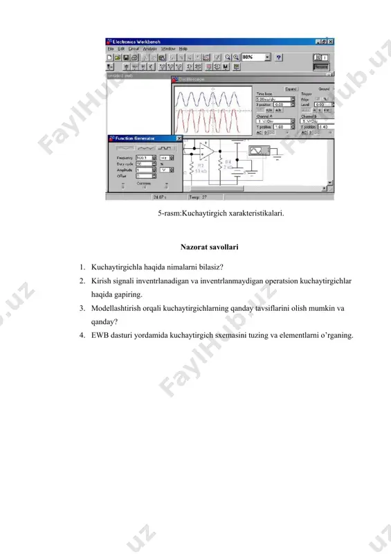 rzda faollashtiring. generatorda chastotani 100 hz ga o'rnatish uchun sichqonchadan foydalaning. ossilograf da har bir nurning vertikal og'ishini, supurish tezligini, x va y o'qlari bo'ylab siljishlarni sozlang, shunda siz bir vaqtning o'zida kuchaytirgich pallasining kirish va chiqishidagi signalni kuzatishingiz mumkin. bu holda ikki nurli ossilograf dan foydalanish juda qulay, chunki u kirish va chiqish signallari orasidagi faza munosabatlarini ko'rish imkonini beradi. moviy kirishni ekranning yuqori yarmiga, qizil chiqishni esa pastki yarmiga o'tkazing(5-rasm). agar chiqish signali chegara bilan (trapezoid shaklida) kelsa, u holda siz funktsiya generatoridagi kirish signalining amplitudasini kamaytirishingiz kerak. kirish va chiqish signallarining amplitudalarini solishtirish qulayligi uchun "kengaytirish" tugmasini bosing va to'lqin shaklini to'liq ekranga kengaytiring. 5-rasm:kuchaytirgich xarakteristikalari. nazorat savollari 1. kuchaytirgichla haqida nimalarni bilasiz? 2. kirish signali inventrlanadigan va inventrlanmaydigan operatsion kuchaytirgichlar haqida gapiring. 3. modellashtirish orqali kuchaytirgichlarning qanday tavsiflarini olish mumkin va qanday? 4. ewb dasturi yordamida kuchaytirgich sxemasini tuzing va elementlarni o’rganing. image1.png image2.gif image3.jpeg image4.jpeg …